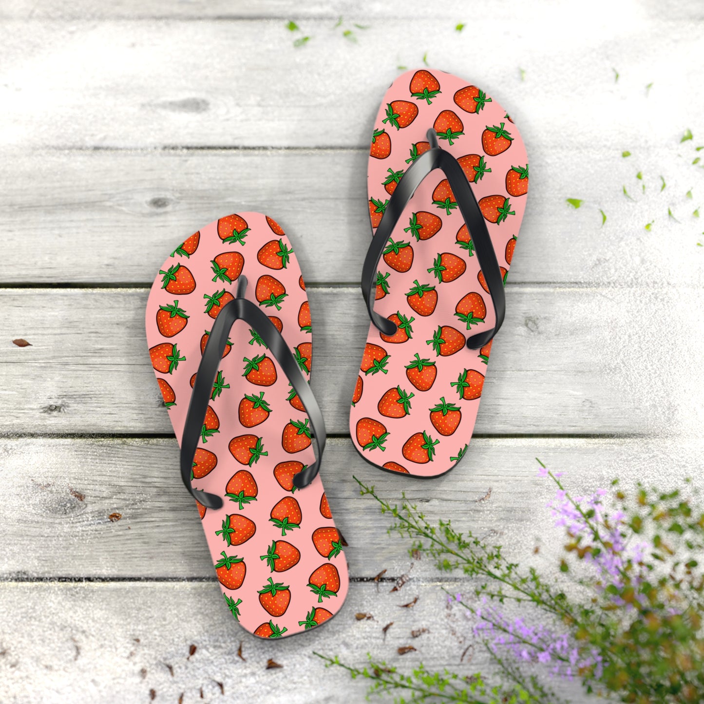 Strawberry Pattern Flip Flops | Pink Strawberries Fruit Summer Beach Sandals, Women's Beach Pool Footwear