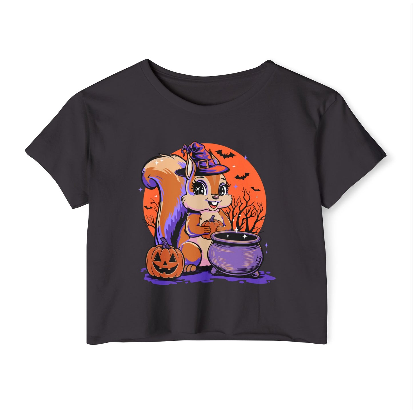 Witchy Squirrel Women's Crop Top Tee, Halloween Witch Squirrels Pumpkin Cauldron & Bats, Spooky Magical Cropped T-shirt Tees