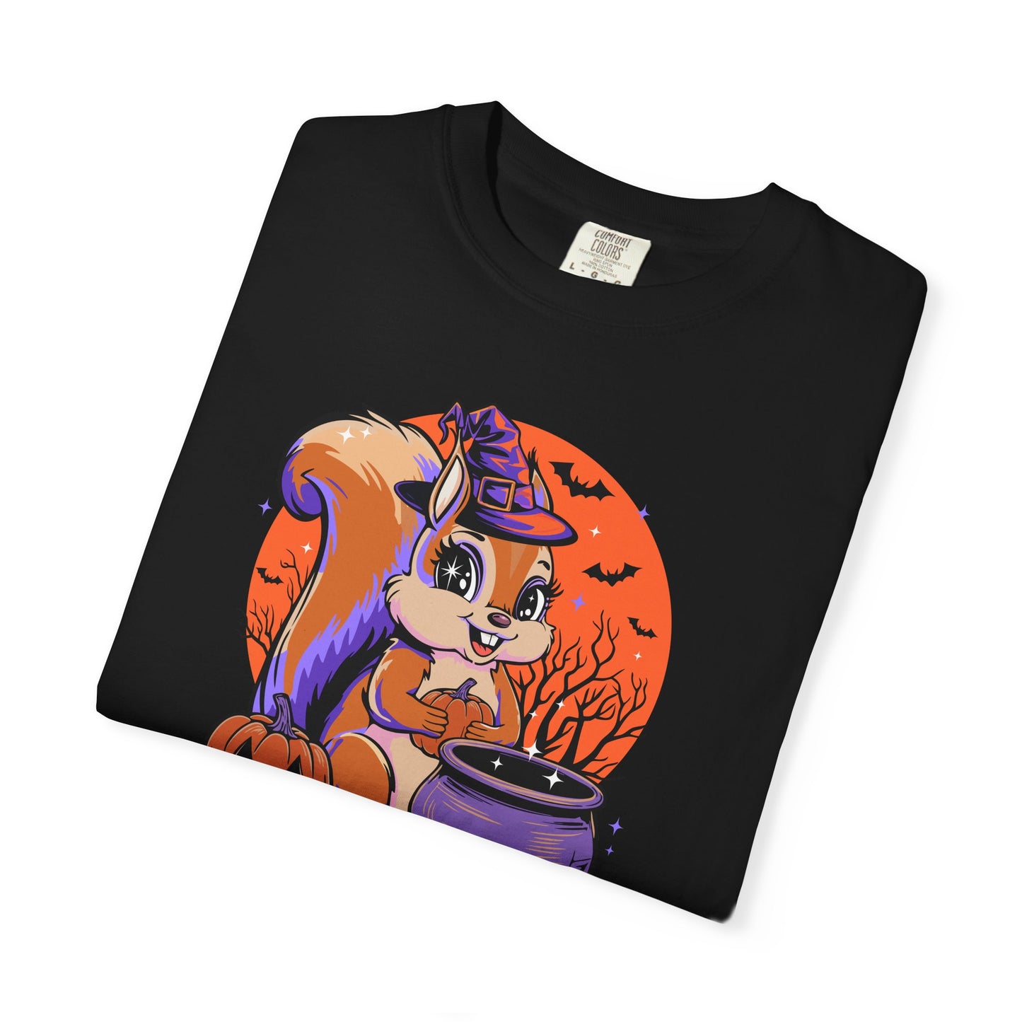 Witchy Squirrel T-shirt, Halloween Witch Squirrels Pumpkin Cauldron & Bats, Spooky Magical Short Sleeve Tee Mens Womens Top
