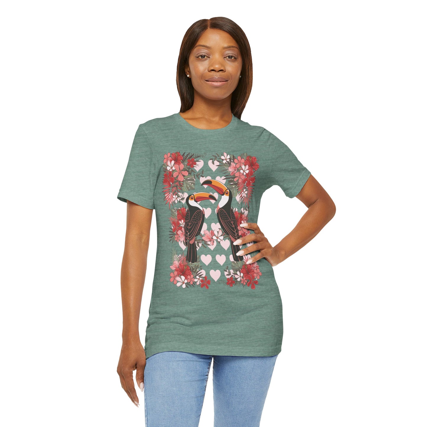 Toucan Tropical Love Birds T-shirt, Casual Summer Shirt, Gift for Bird Lovers, Vacation Wear, Floral Nature Inspired Tee