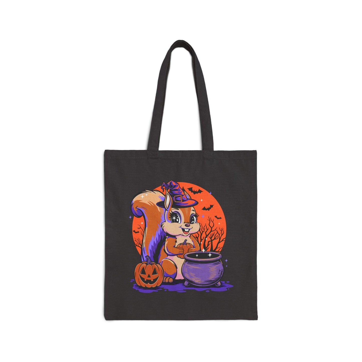 Witchy Squirrel Canvas Tote Bag, Halloween Witch Squirrels Pumpkin Cauldron & Bats, Spooky Cotton Trick-Or-Treat Bags