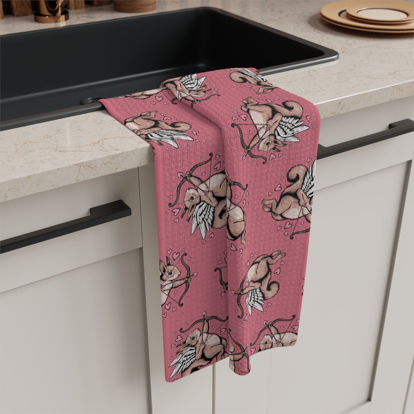 Cupid Squirrel Valentine's Day Pink Microfiber Tea Towel Kitchen Hand Towel with Cupid Arrow Squirrels Seasonal Kitchen Home Decor
