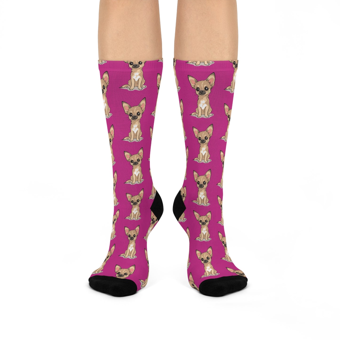 Pink Twila Chihuahua Puppy Dog Pattern Cushioned Crew Socks With Cute Tan Doggy Chihuahuas Dogs Pet Print
