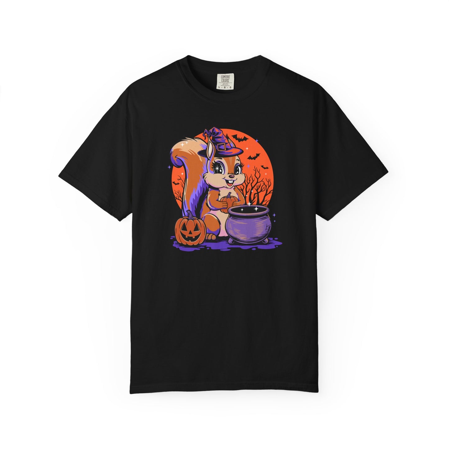 Witchy Squirrel T-shirt, Halloween Witch Squirrels Pumpkin Cauldron & Bats, Spooky Magical Short Sleeve Tee Mens Womens Top