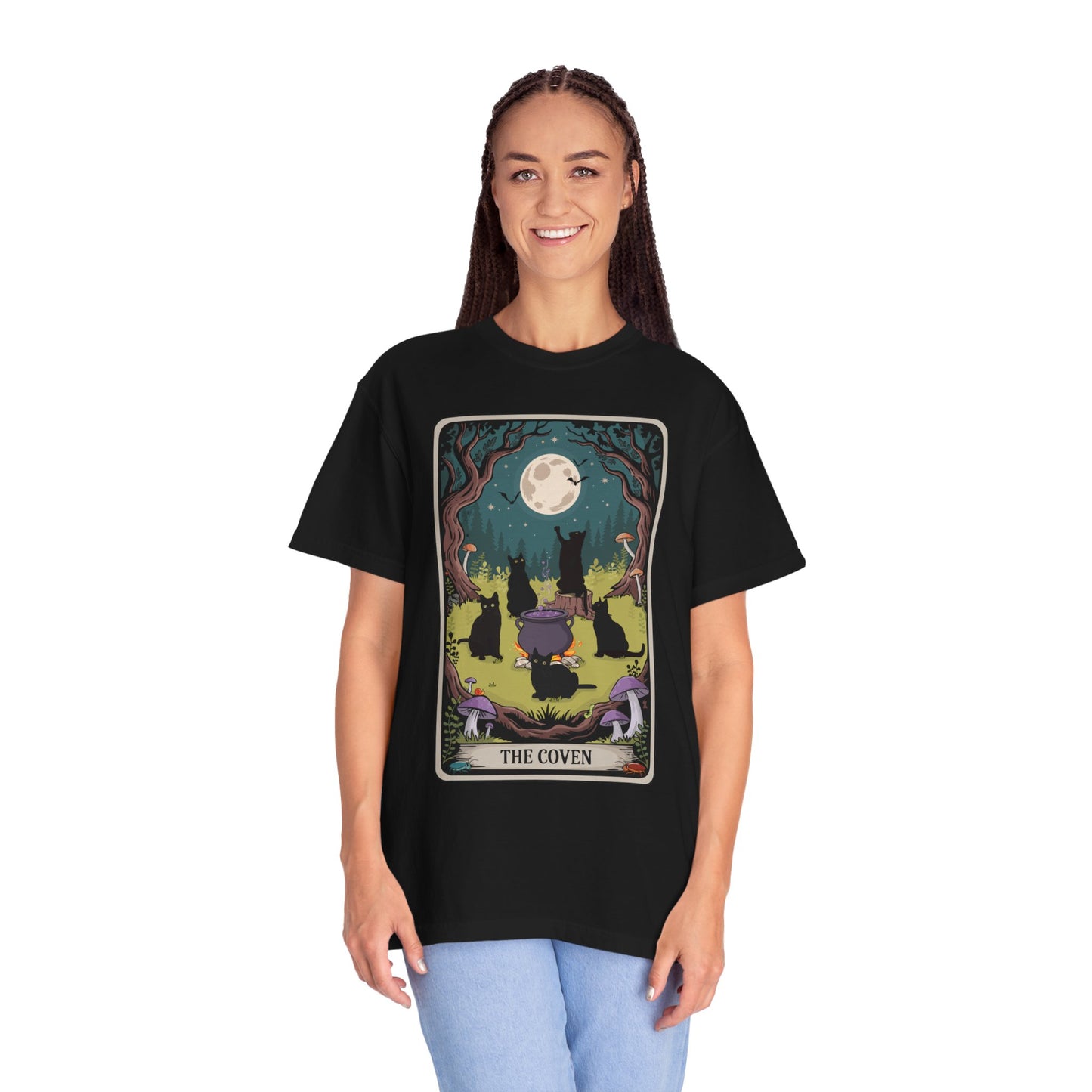 The Coven Tarot Black Cats T-shirt, Witchy Halloween Cat Tee, Full Moon Forest Cauldron Shirt, Wiccan Pagan Magic Top, Witch Gothic Apparel