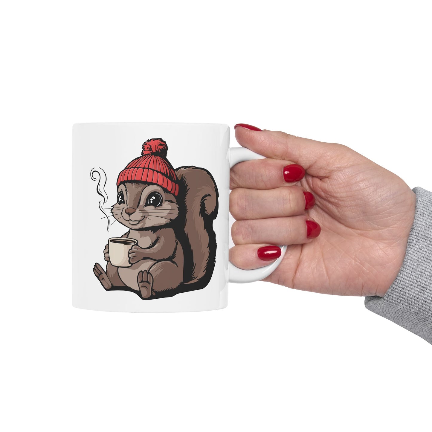Cozy Squirrel Ceramic Coffee Mug 11oz with Squirrels in Beanie with Cup Of Coffee Graphic Print Autumn Winter Kitchen Gifts
