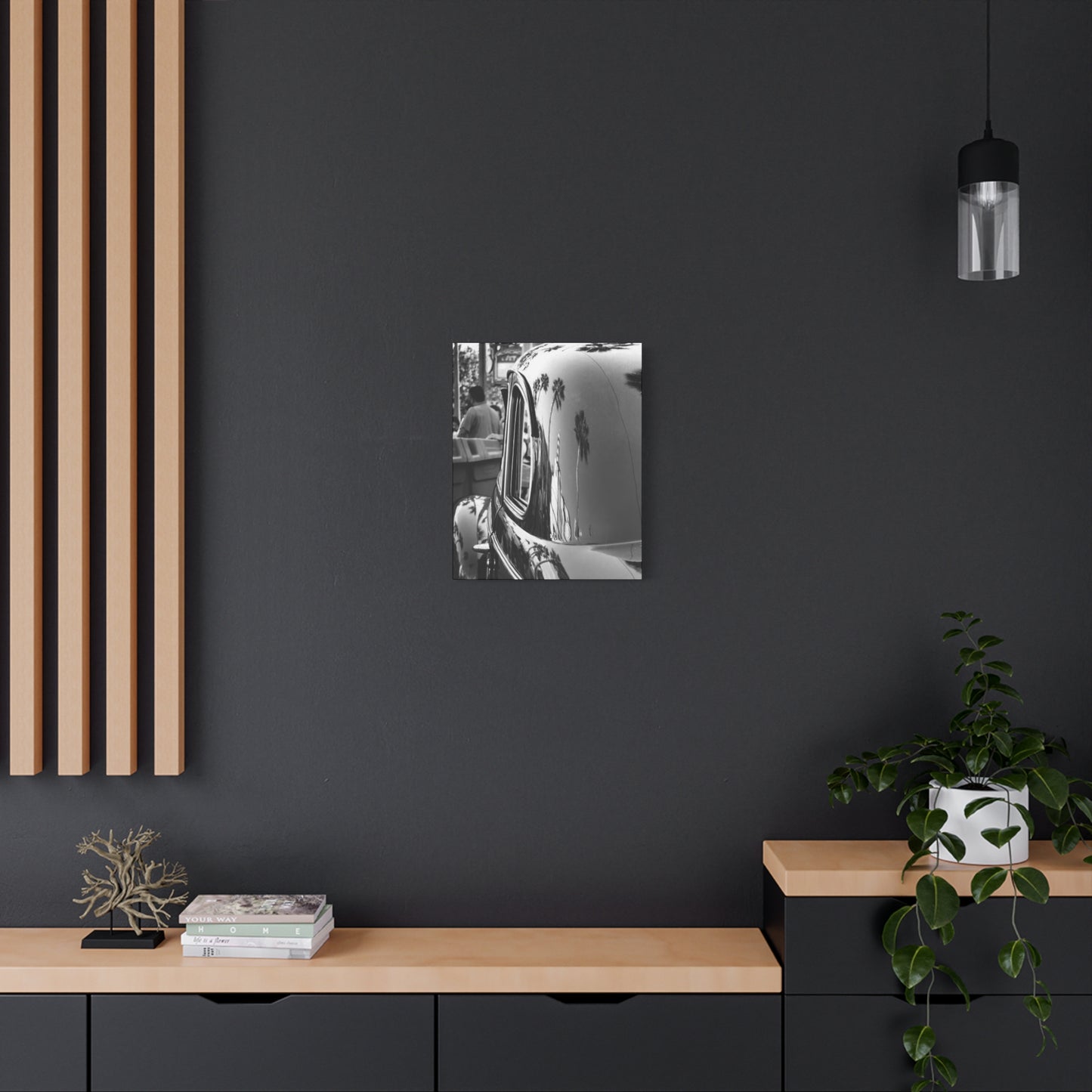 Vintage Car with Palm Tree Reflections Matte Stretched Canvas Art Photography Print, Florida Black & White Photography Wall Art 1.25"