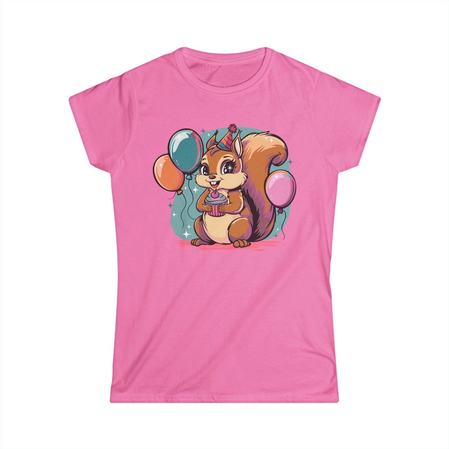 Happy Birthday Party Squirrel Women's T-shirt Squirrels Balloons Cupcake Short Sleeve Tee Celebration Ladies B-day Outfit Top