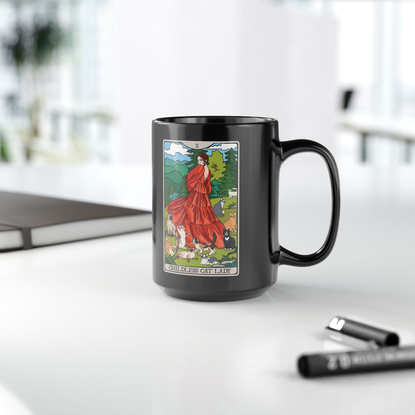 Black Mug - Childless Cat Lady Tarot Card Ceramic Coffee Cup, 15oz - Cat Lover Gift, Woman with Cats Mugs, Tarot Card Reader Gifts