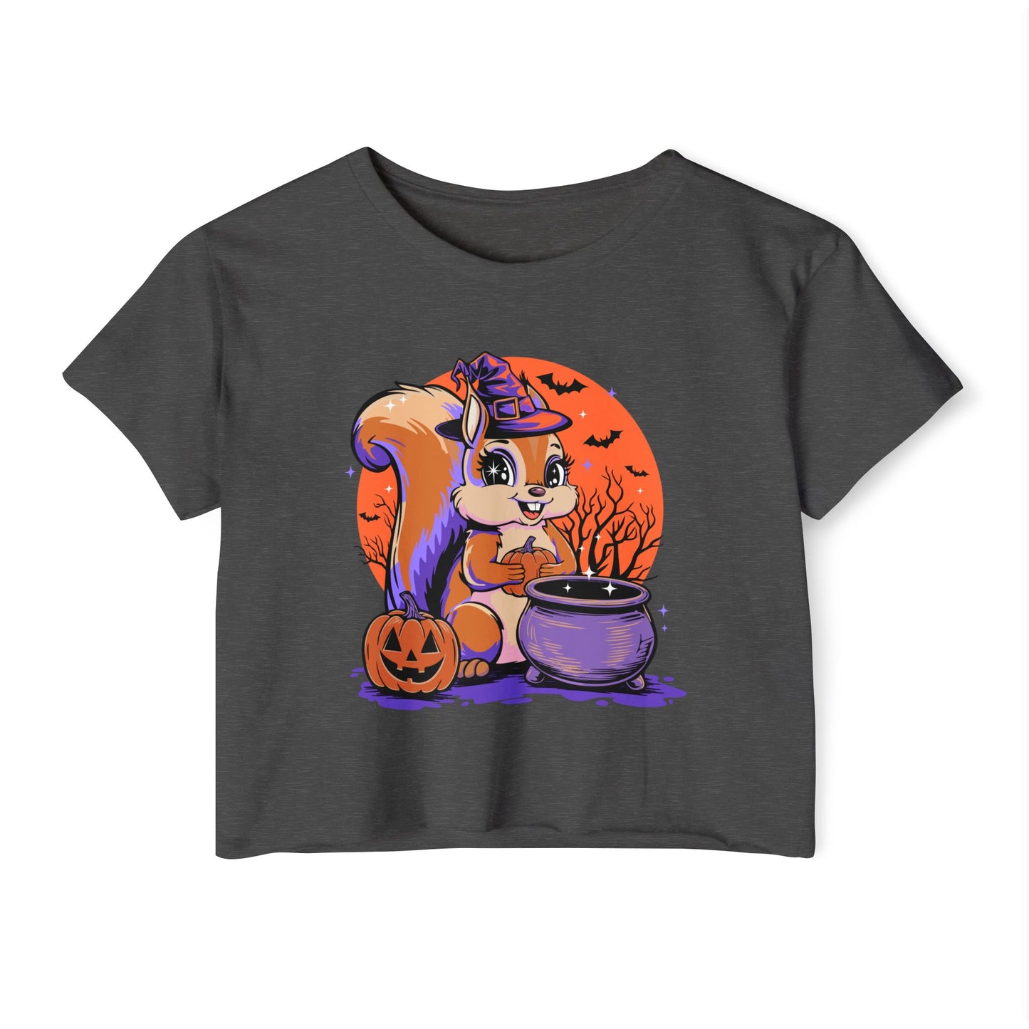 Witchy Squirrel Women's Crop Top Tee, Halloween Witch Squirrels Pumpkin Cauldron & Bats, Spooky Magical Cropped T-shirt Tees
