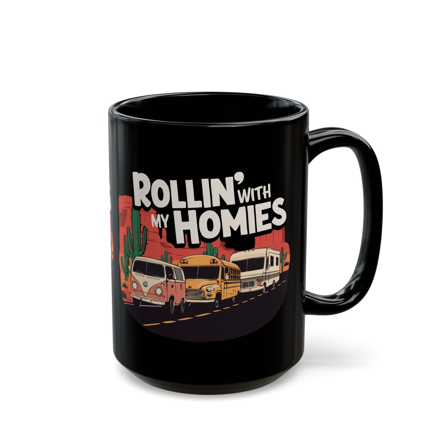 Rollin' With My Homies Coffee Mug - Van Skoolie RV Vanlife Caravan in the Desert Black Ceramic Tea Mugs (11oz, 15oz)