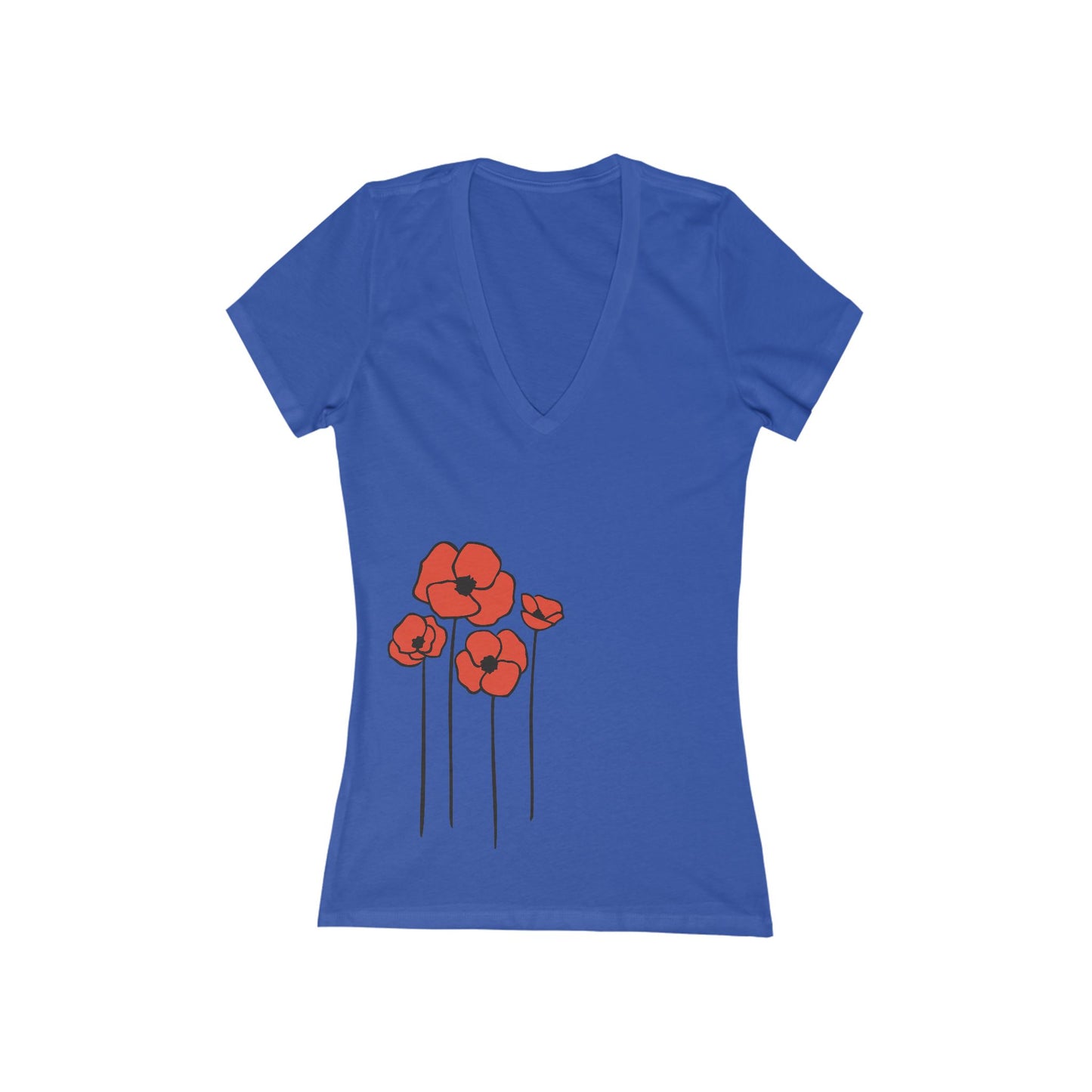Poppy Flower Women's V-Neck Tee, Floral Poppies Ladies Shirt, Short Sleeve T-Shirts, Spring Summer Flowers Top, Gifts for Her