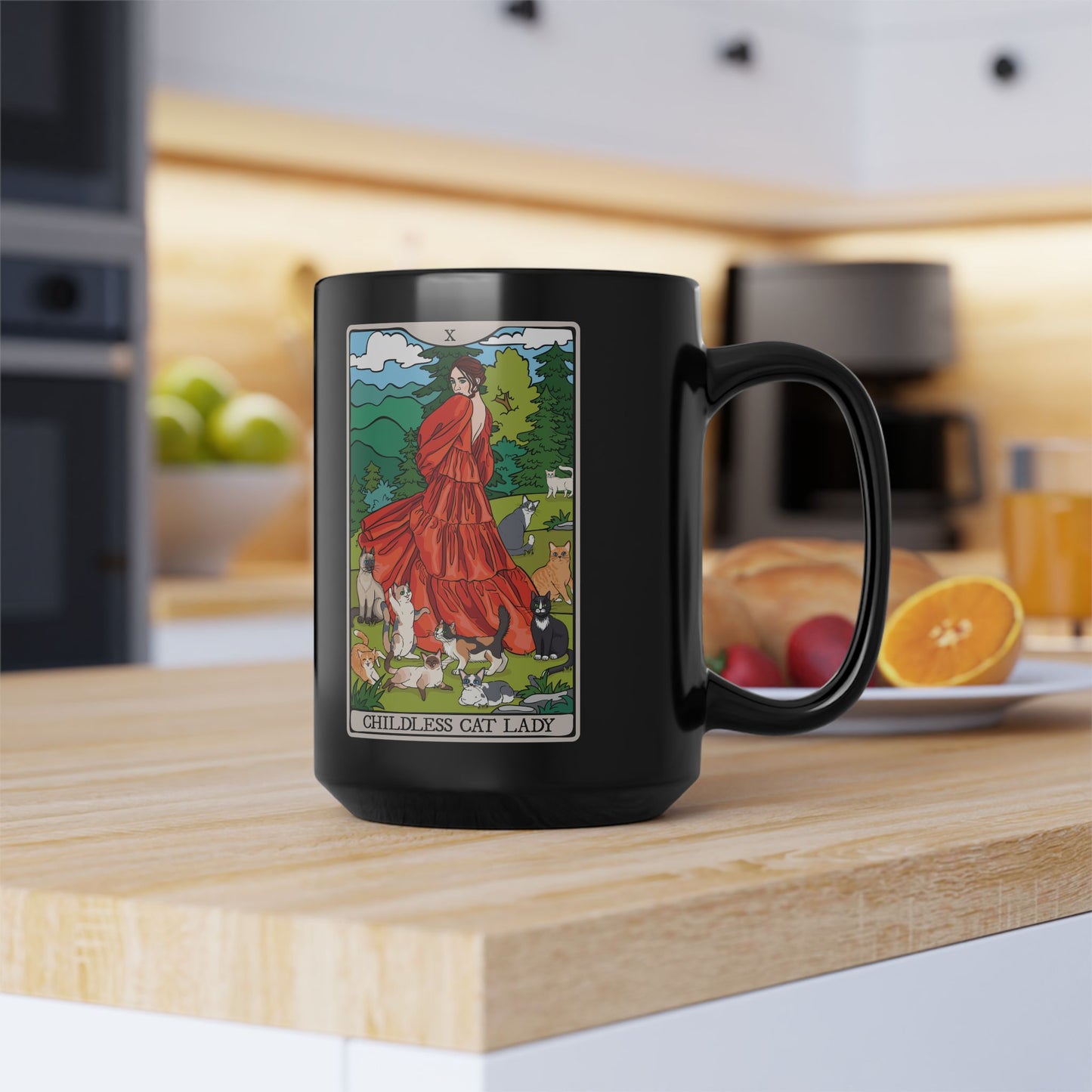 Black Mug - Childless Cat Lady Tarot Card Ceramic Coffee Cup, 15oz - Cat Lover Gift, Woman with Cats Mugs, Tarot Card Reader Gifts