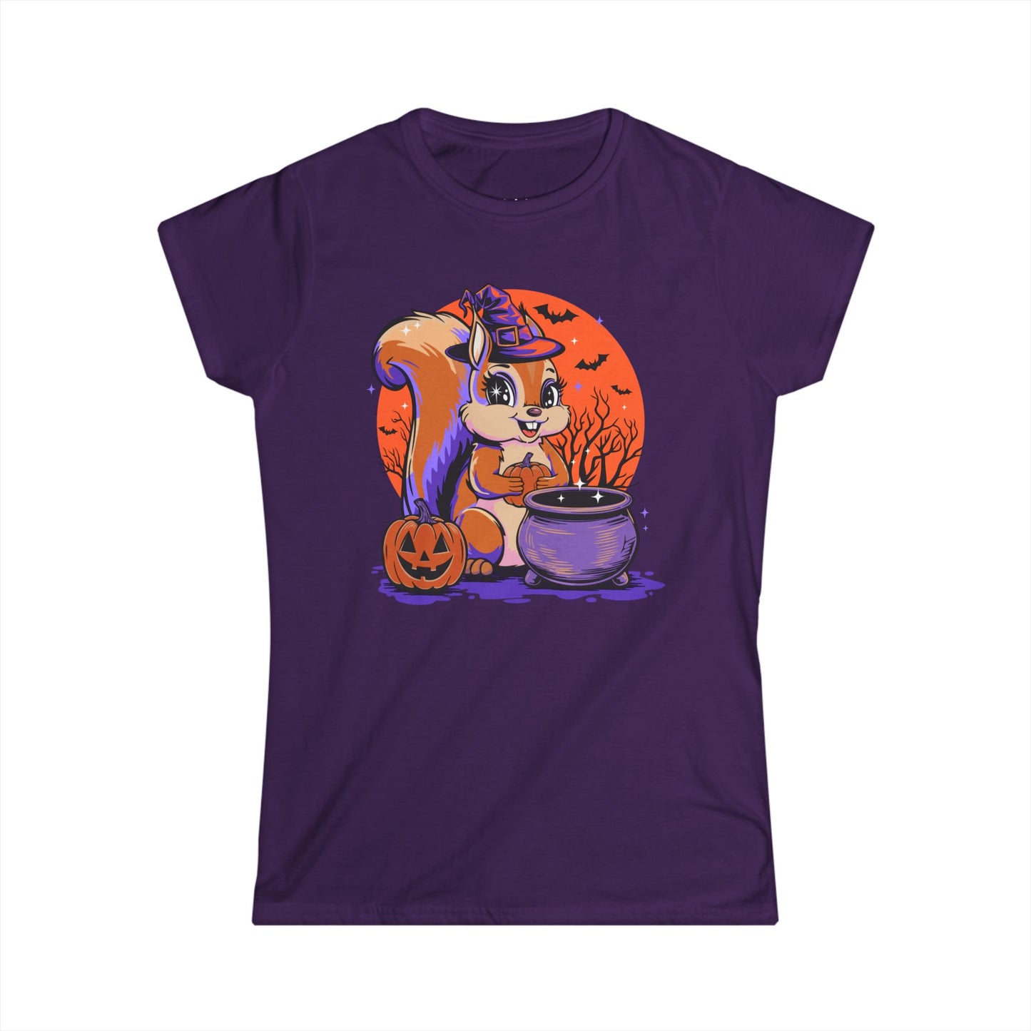 Witchy Squirrel Women's T-shirt, Halloween Witch Squirrels Pumpkin Cauldron & Bats, Spooky Magical Semi-Fitted Ladies Tee