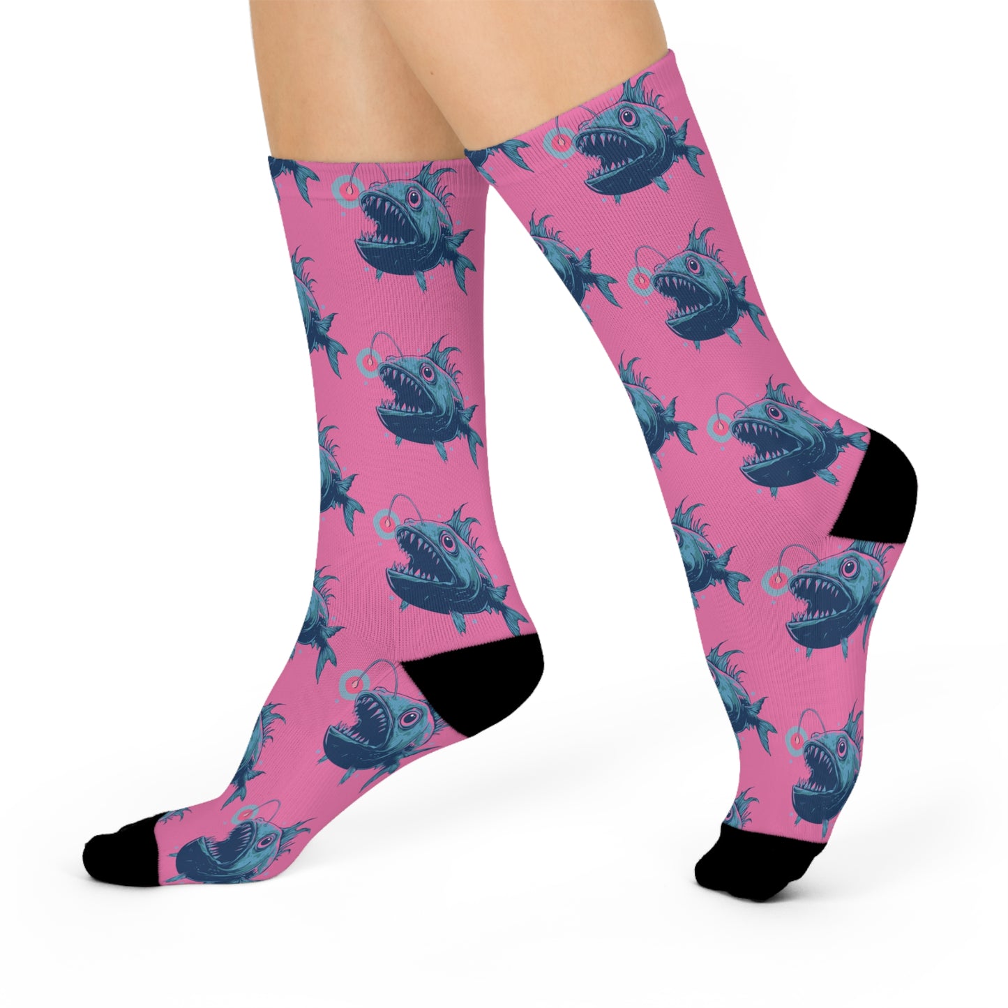 Deep Sea Anglerfish Socks, Pink & Teal Ocean Life Angler Fish Bioluminescent Lure Socks - Mens Womens Unisex One Size