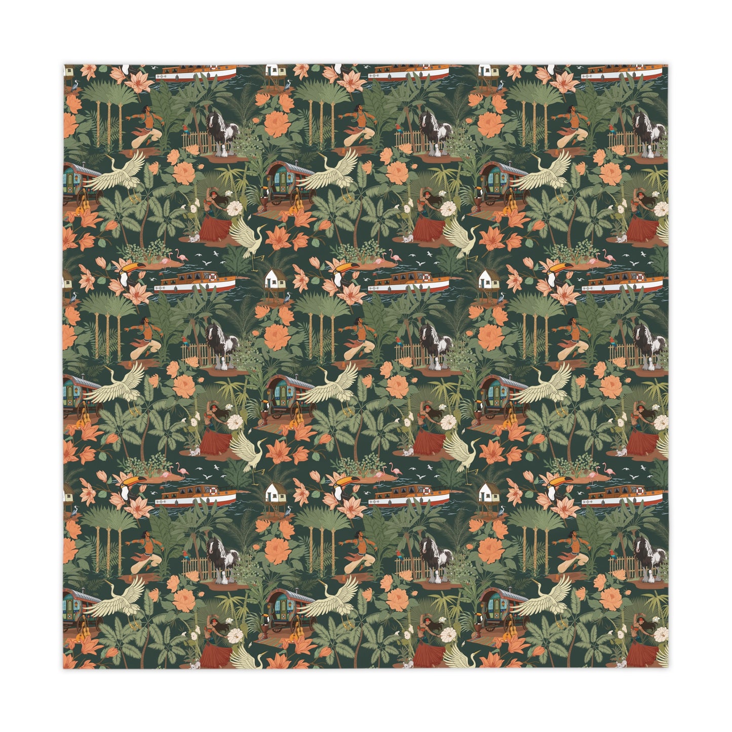 Tropical Nomad Jungle birds Tablecloth | Green Floral Palm Leaves Pattern Table Cloth Beach Summer Party Decor