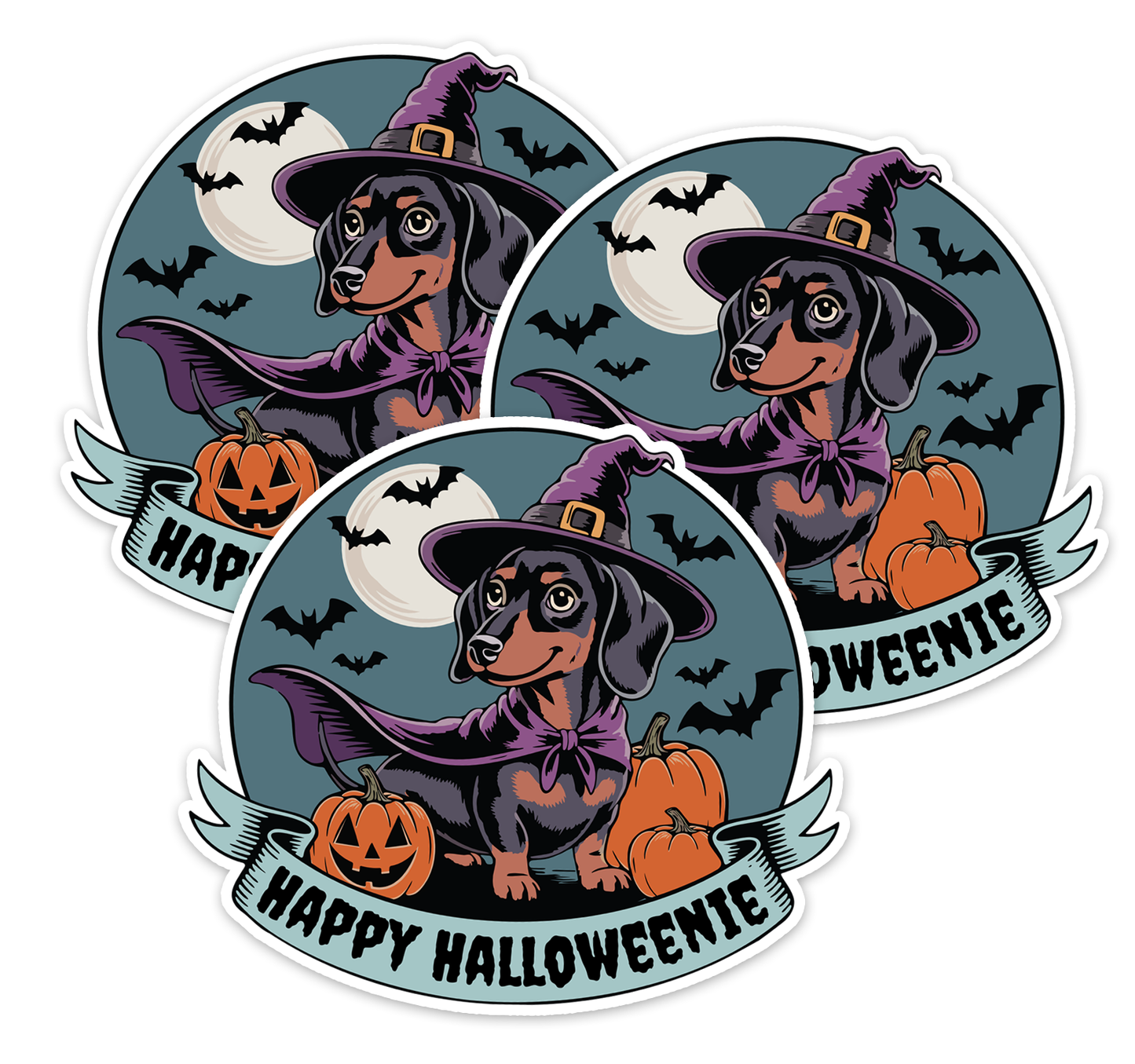 Halloweenie Dachshund Wiener Dog Sticker - 3" Witchy Halloween Dogs Vinyl Decal Stickers Spooky Witch Trick-or-Treat Waterproof Decals