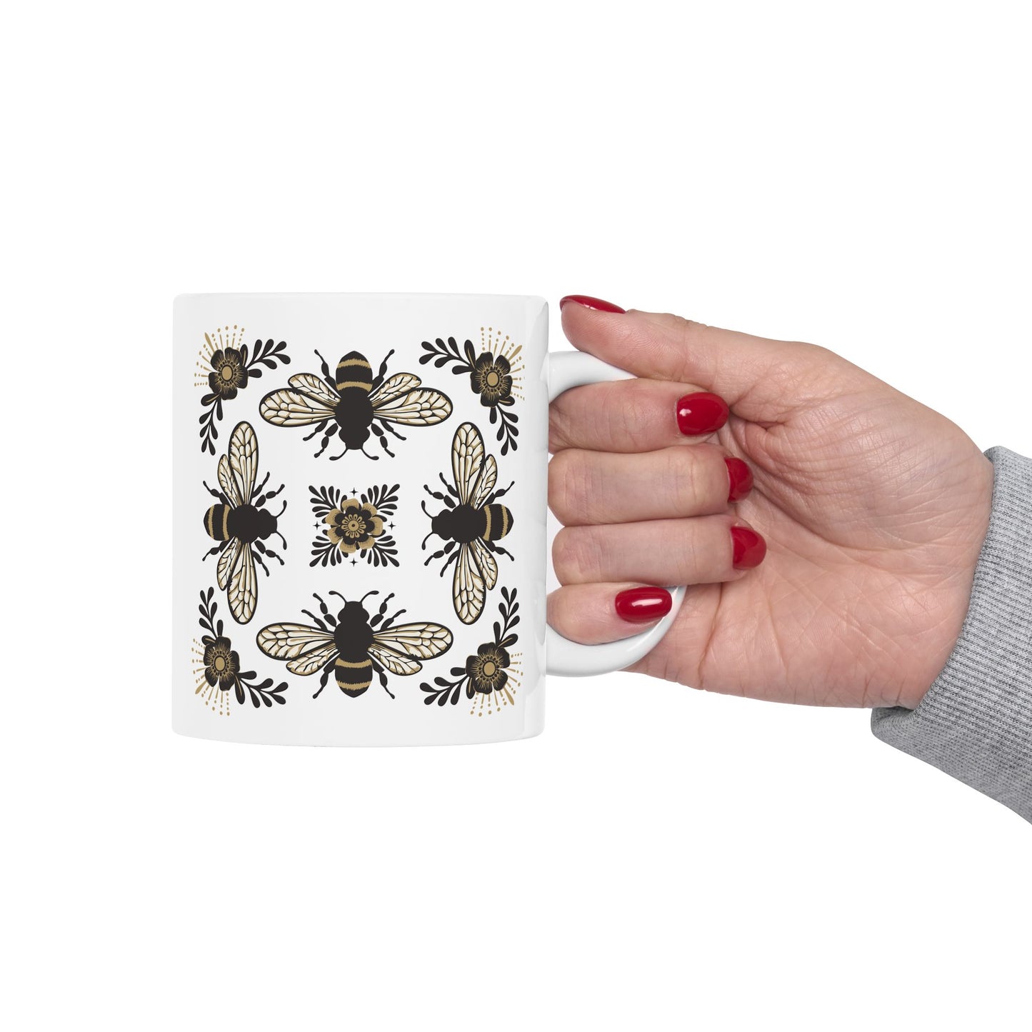 Bees & Flowers Botanical Ceramic Coffee Mug - Garden Nature Lover's Gift, Insects Bugs Floral Tea Mugs, 4 Bee Art Design