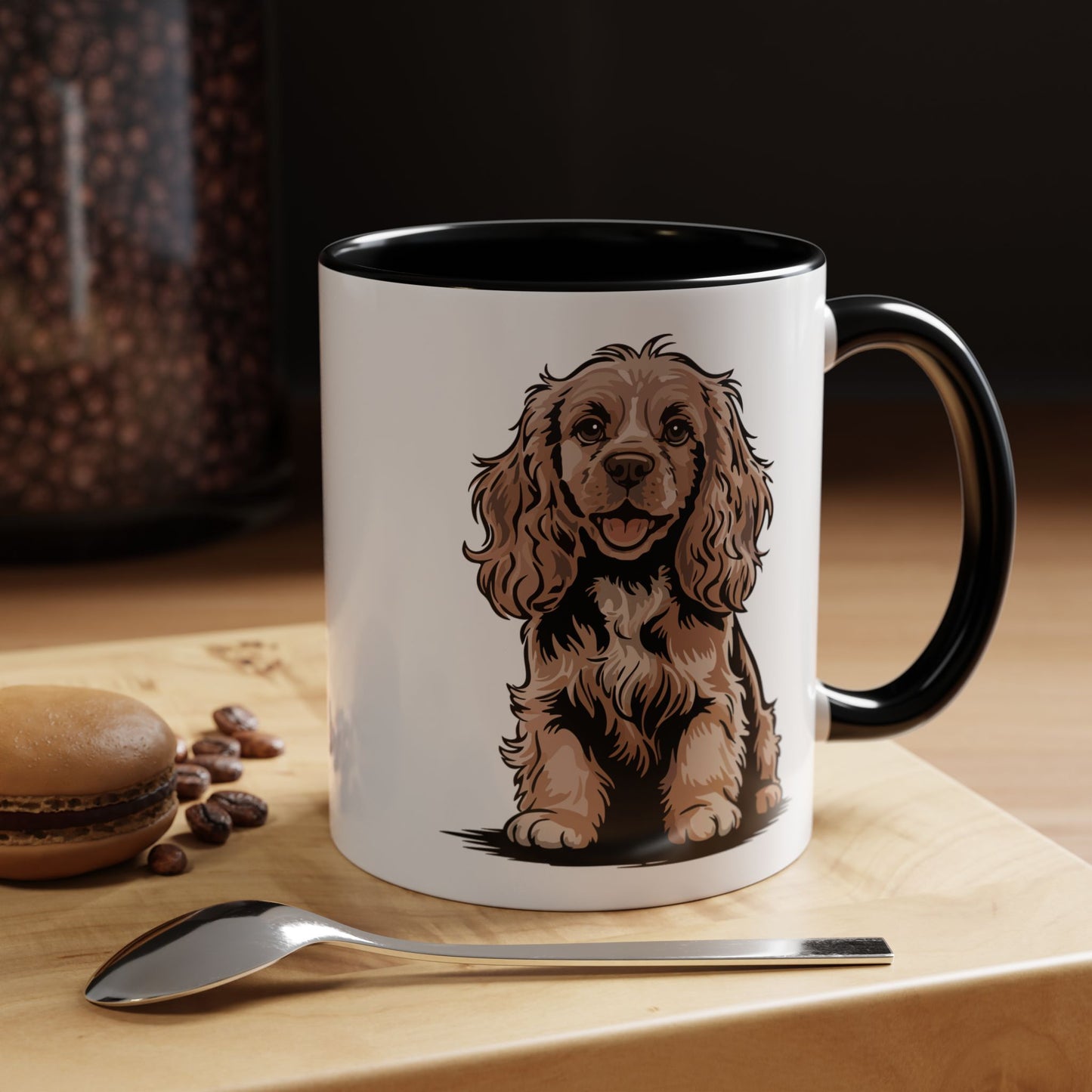 Cocker Spaniel Dog Illustration Mug | Black Accent Coffee Mugs, Pet Owners Drinkware Tea Cups 11 Ounce