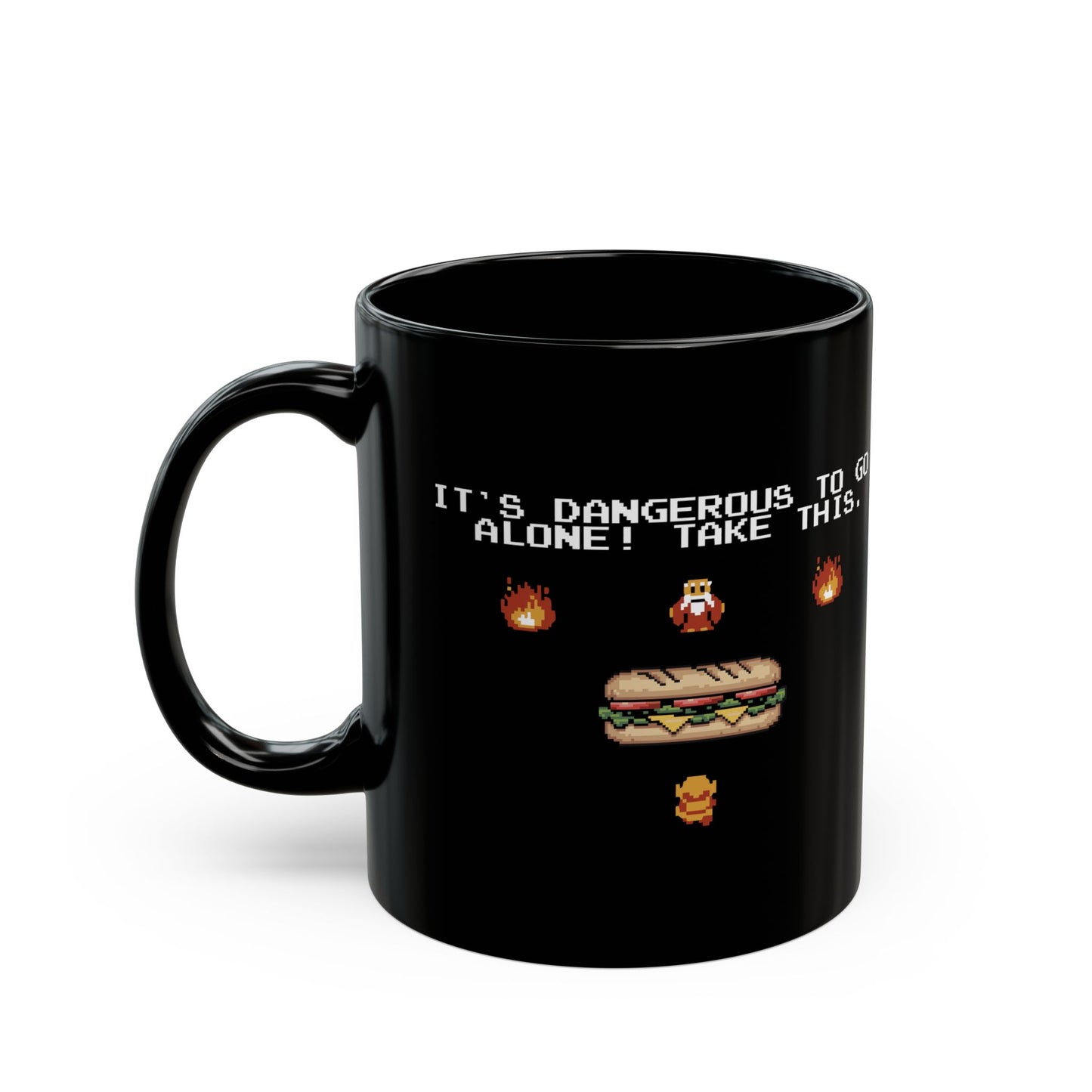 It's Dangerous To Go Alone, Take This! Black Coffee Mug, Throw Sandwiches At Fascists - Retro Gaming Mugs - Funny Political Gift for Gamers