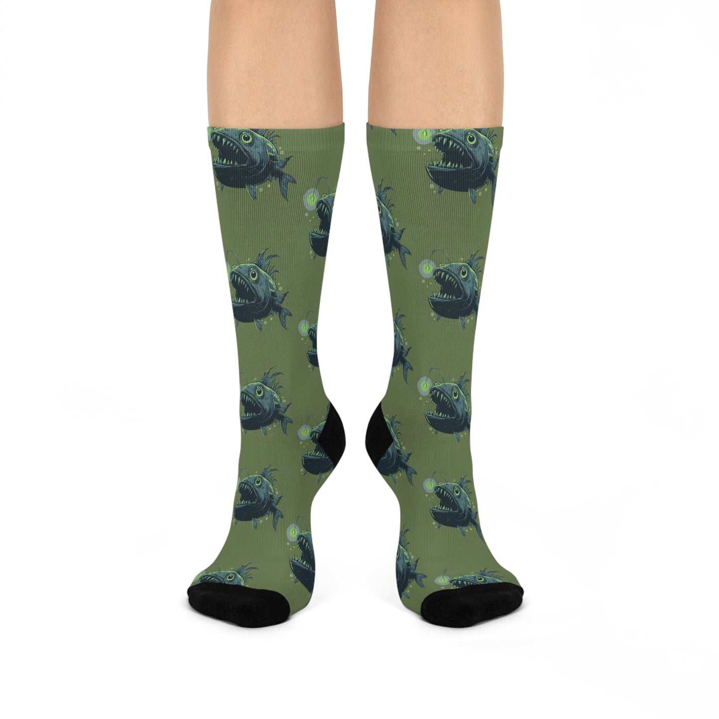 Deep Sea Anglerfish Socks, Green & Blue Ocean Life Angler Fish Bioluminescent Lure Socks - Mens Womens Unisex One Size