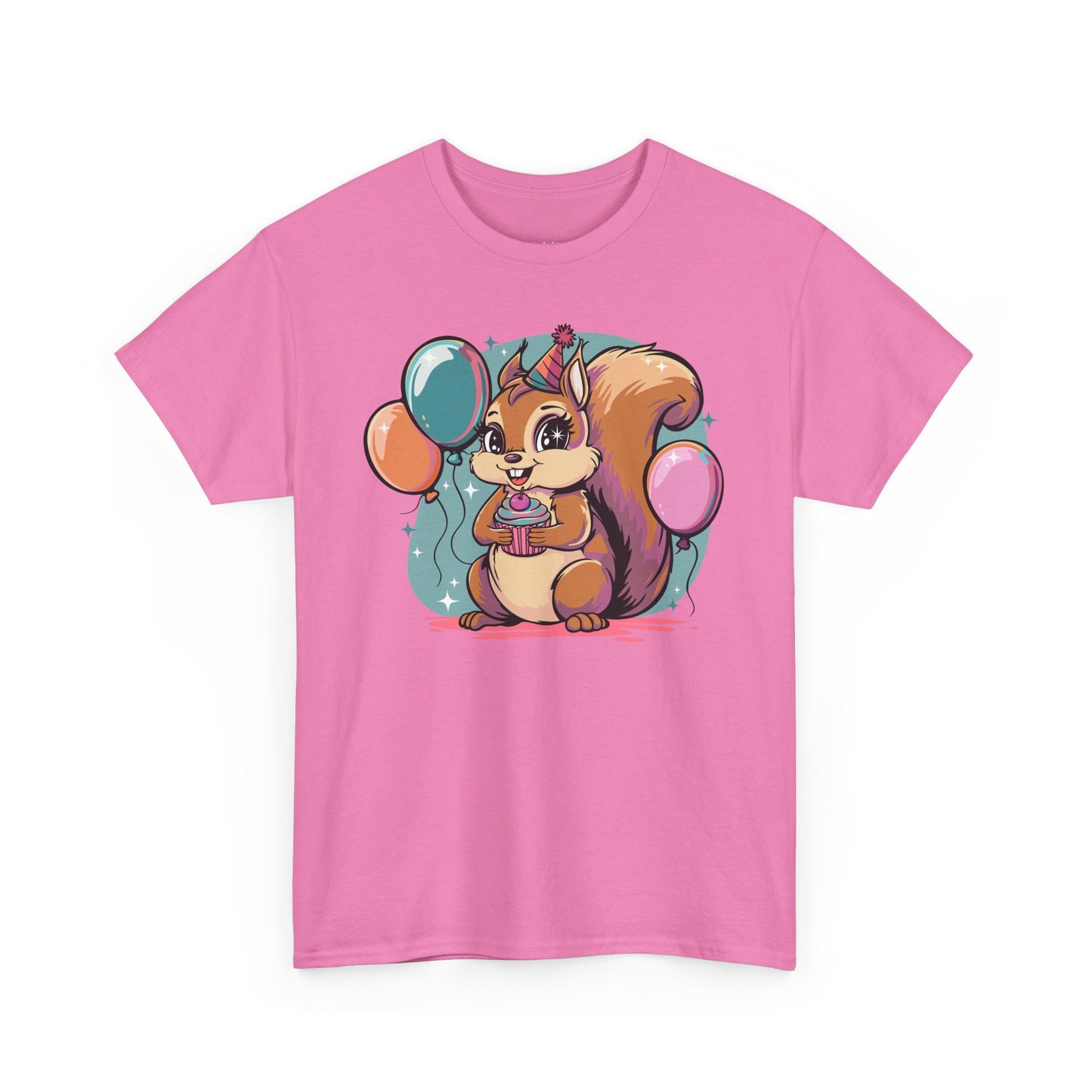 Happy Birthday Party Squirrel T-shirt Squirrels Balloons Cupcake Short Sleeve Tee Celebration B-day Unisex Womens Mens