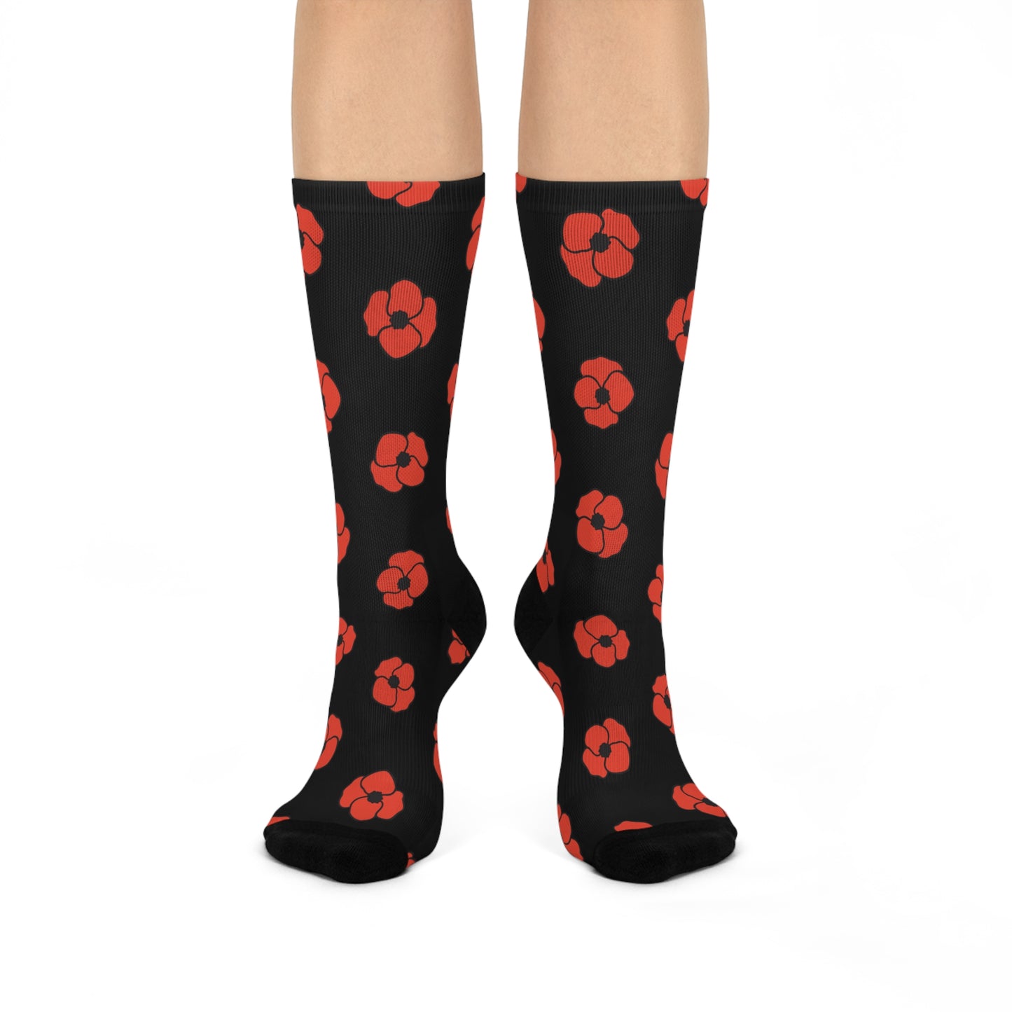 Black & Red Poppies Socks, Floral Patterned Crew Socks, Poppy Print Accessories, Gifts for Women and Plant Lovers - One Size