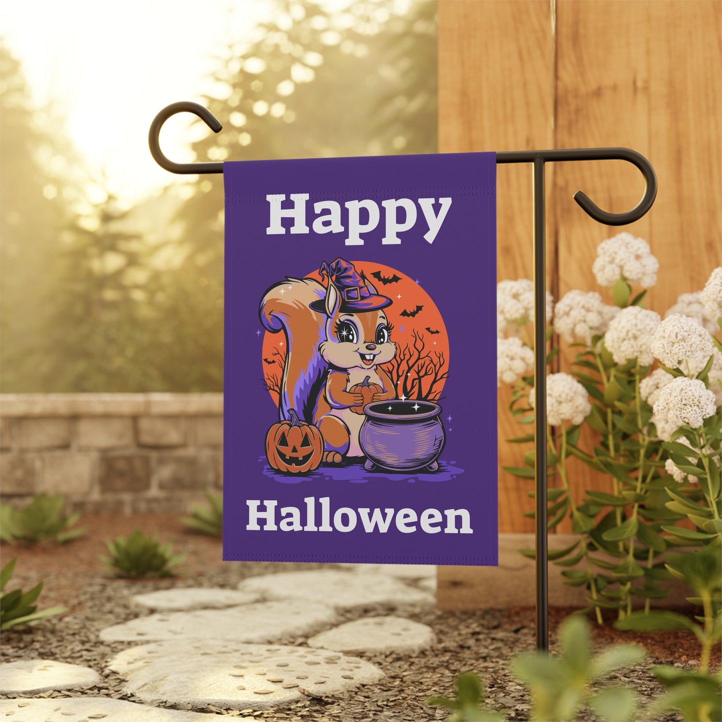 Happy Halloween Witchy Squirrel Yard Banner Flag, Halloween Witch Squirrels Pumpkin Cauldron & Bats, Spooky Magical Home Decorations