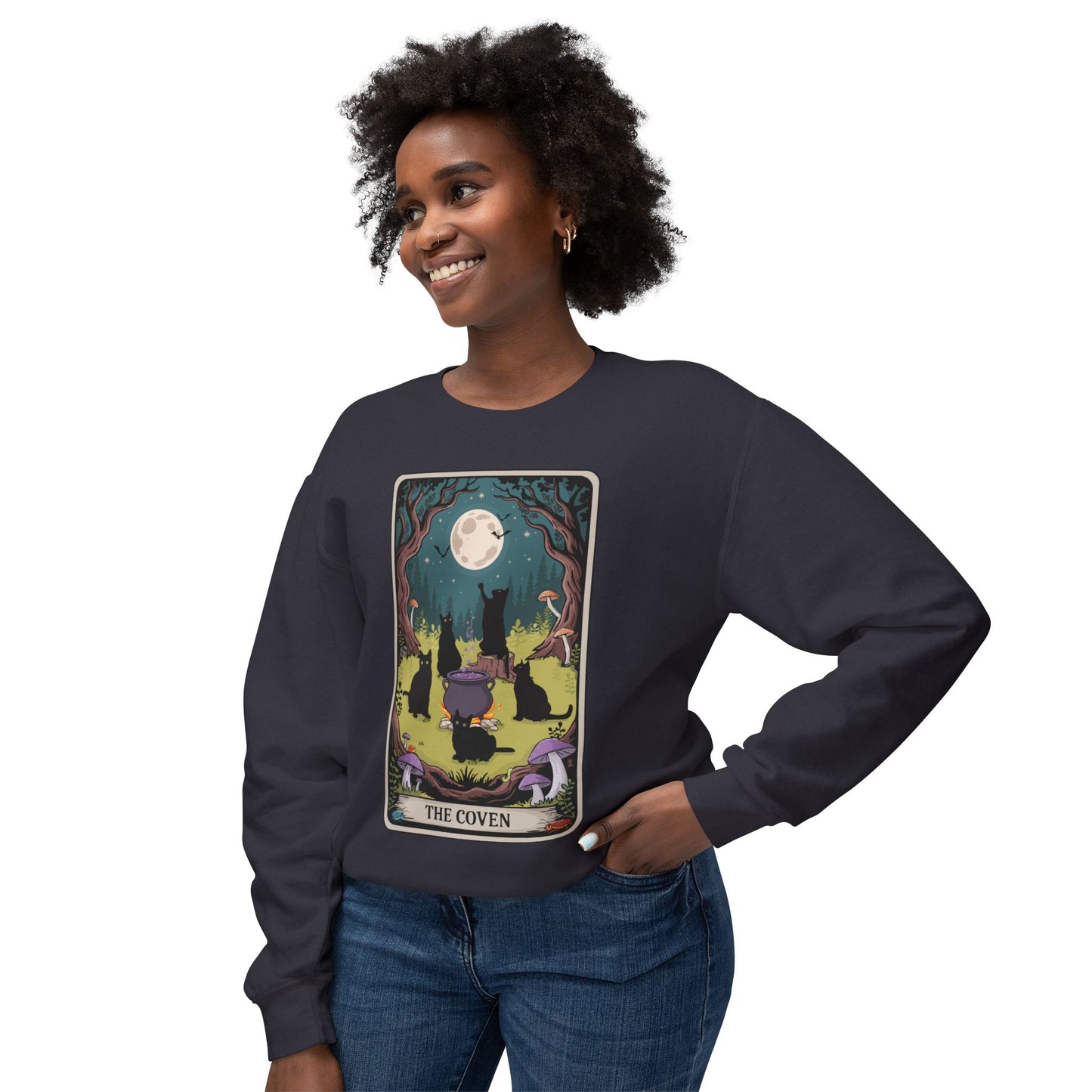 Tarot Card The Coven Witchy Black Cats Crewneck Sweatshirt, Magic Goth Halloween Top, Wicca Cat Lover Gift, Occult Witchcraft Sweatshirts