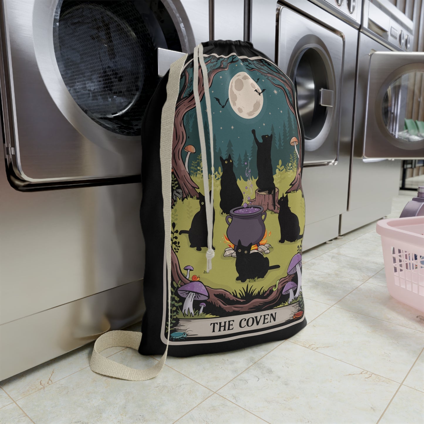 Witchy Cats Coven Laundry Bag, Tarot Card Cat Tote, Magic Gothic Storage Bag, Pagan Gift, Halloween Decor, Witch Dorm Room Accessories