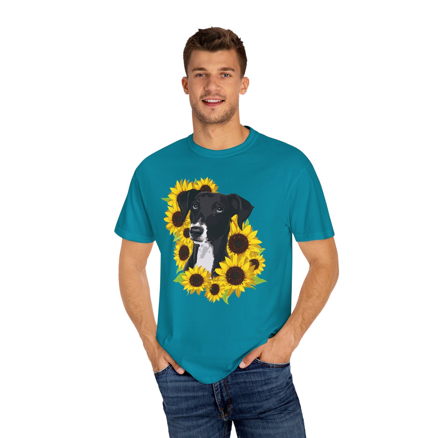 Marley Dog in Sunflowers Garment-Dyed T-shirt with Black Lab Labrador Retriever and Sunflower Art Print Shirts