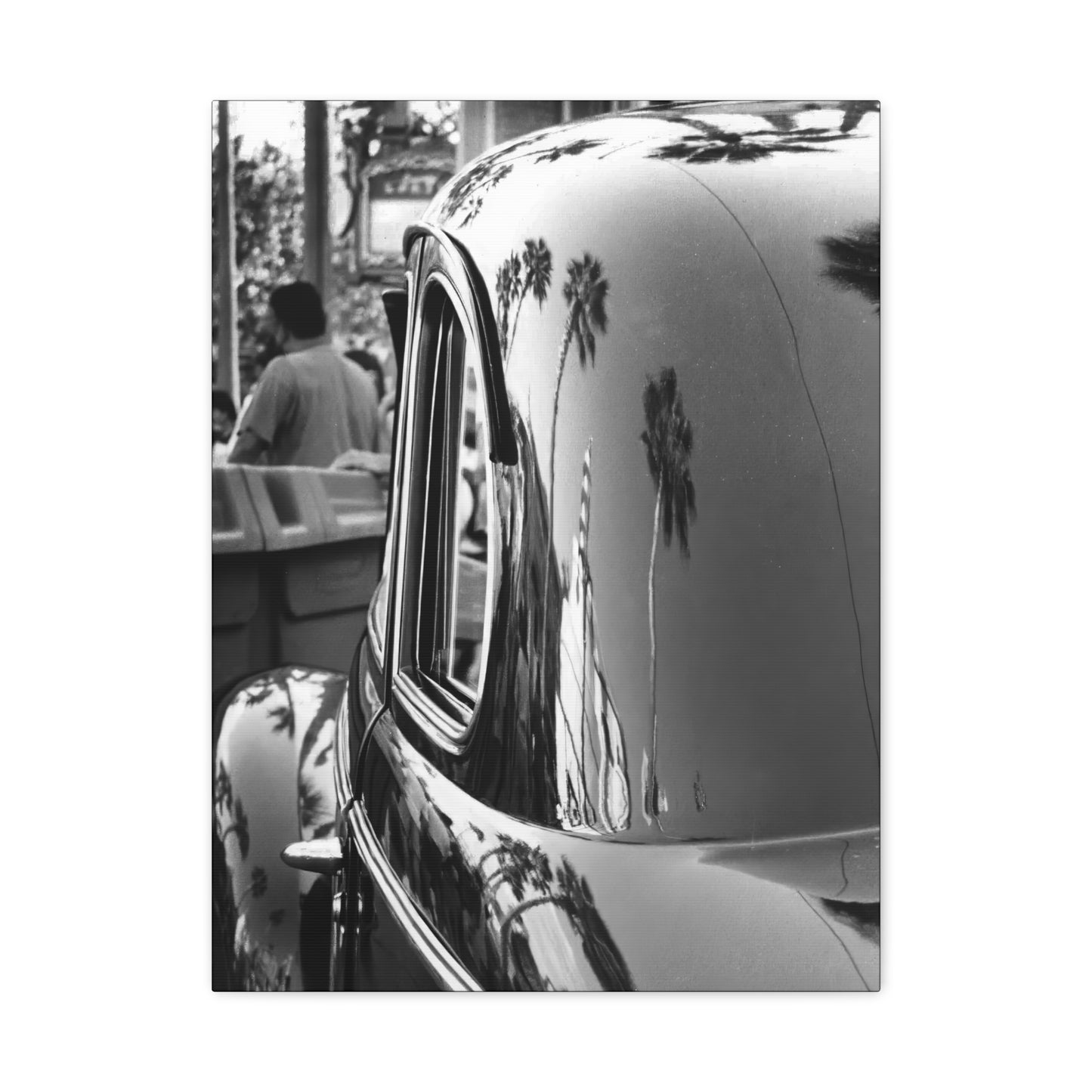 Vintage Car with Palm Tree Reflections Matte Stretched Canvas Art Photography Print, Florida Black & White Photography Wall Art 1.25"