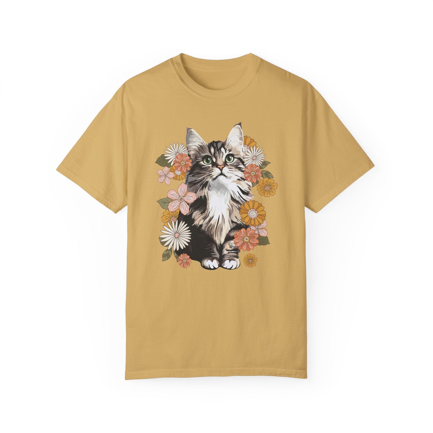 Moonchi Fluffy Kitty In Flowers T-shirt Floral Cat Tee Shirt | Gift for Pet Owners | Retro Vintage Style Tee Summer Apparel