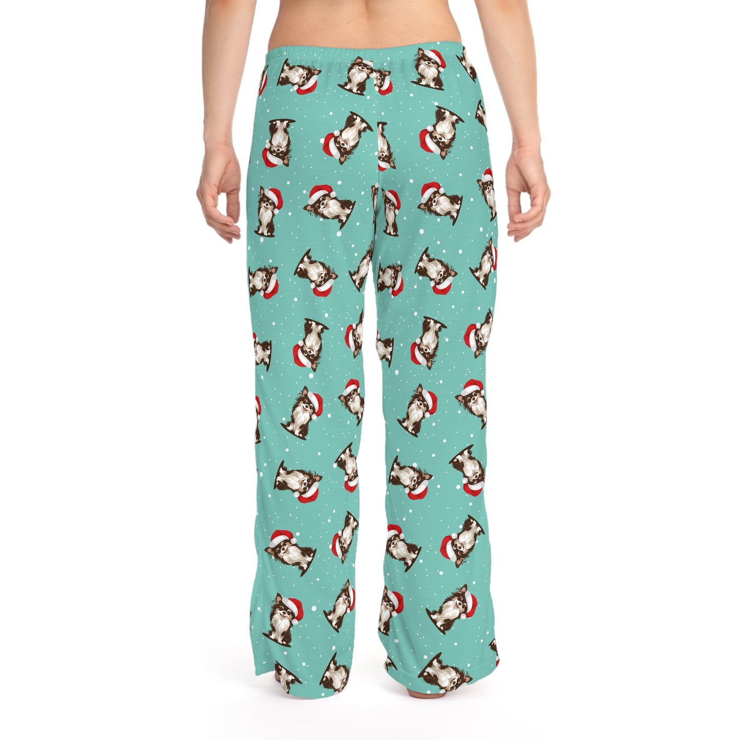 Long Haired Chihuahua Dog Womens Christmas Pajama Pants, Santa Chihuahuas Dogs PJ Bottoms Winter Loungewear, Matching Holiday Sleepwear