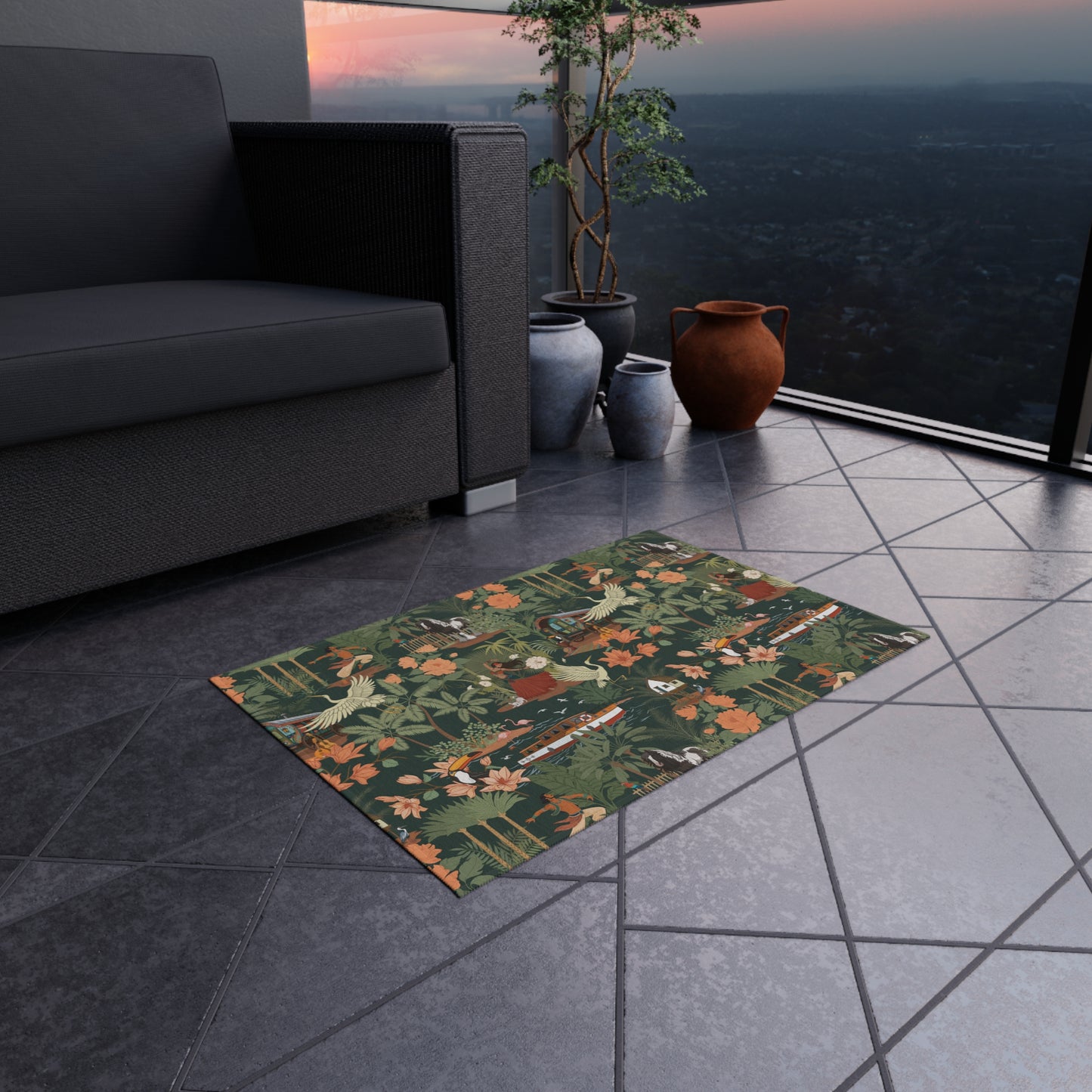 Tropical Nomad Jungle Pattern Outdoor Rug | Botanical Palms & Birds Pattern Patio Deck Rugs