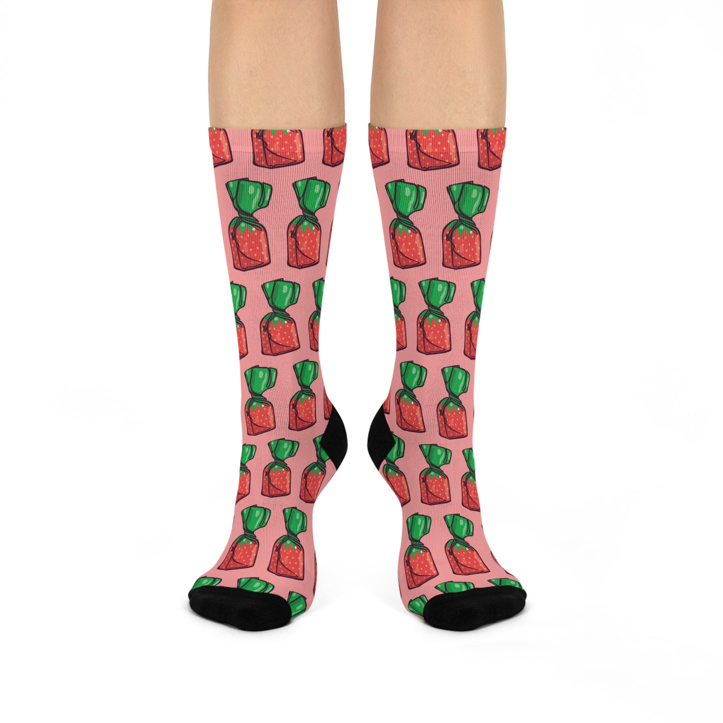 Crew Socks, Pink Strawberry Hard Candies Pattern, Fun Nostalgic Novelty Footwear, Retro Strawberries Candy Socks, Unisex One Size