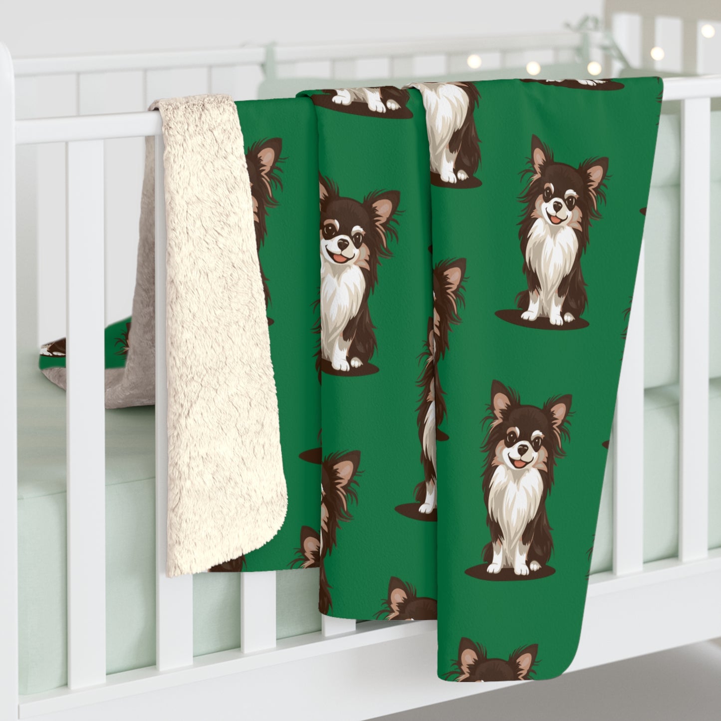 Long Haired Chihuahua Dog Green Sherpa Fleece Blanket Cute Doggy Puppy Print, Green Chihuahuas Pattern Throw Blankets Bedding
