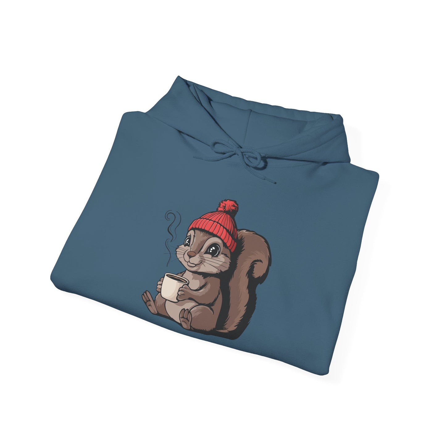 Cozy Squirrel Pullover Hoodie Unisex Heavy Blend Hooded Sweatshirt with Squirrel in Beanie with Cup Of Coffee Graphic Print