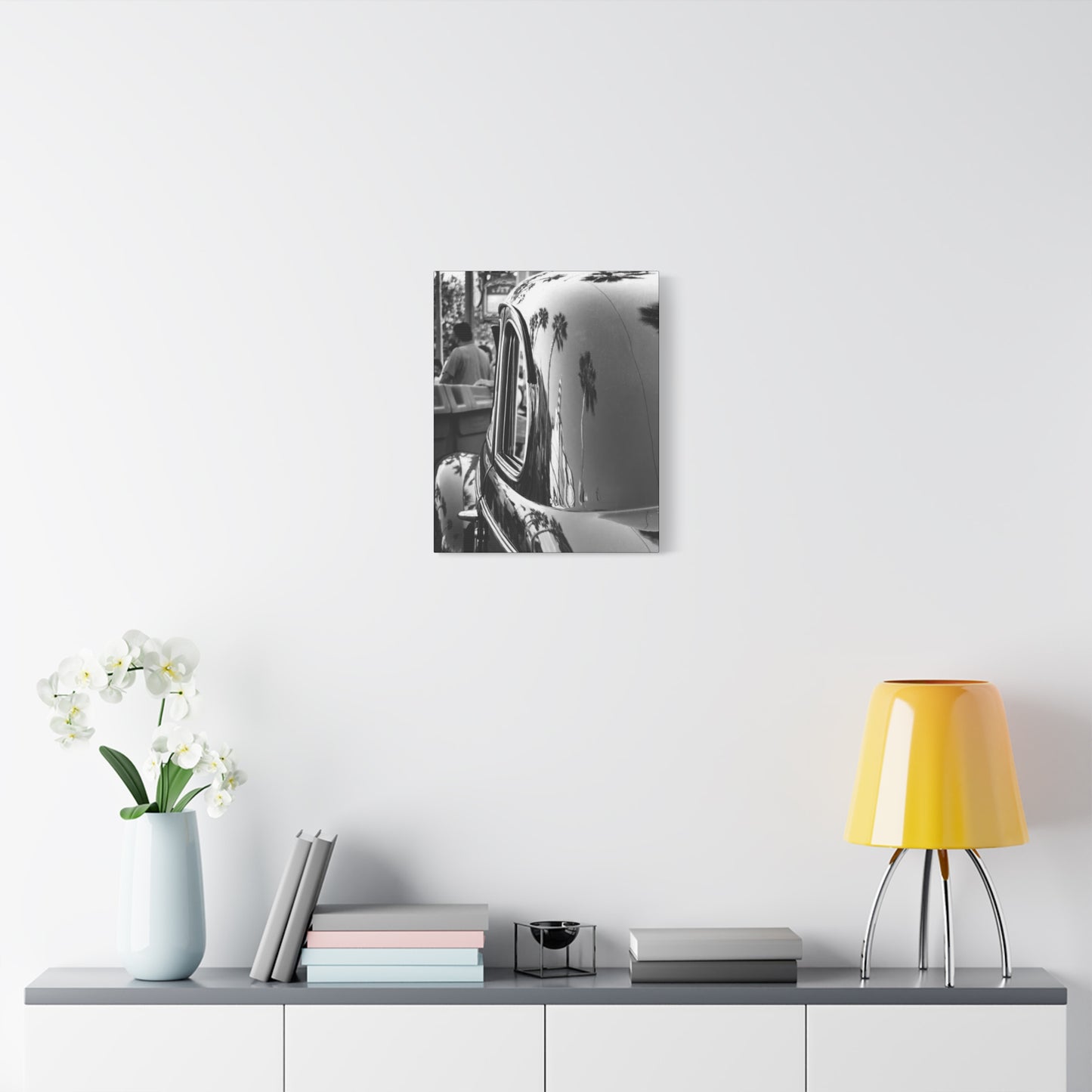 Vintage Car with Palm Tree Reflections Matte Stretched Canvas Art Photography Print, Florida Black & White Photography Wall Art 1.25"