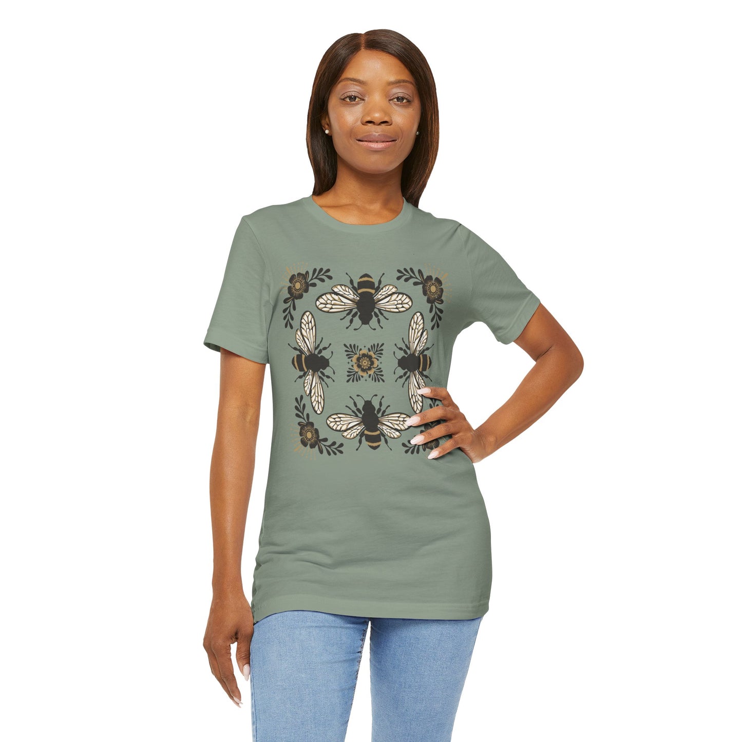 Bees & Flowers Botanical T-Shirt, Nature Lover Tee, Garden Gift for Women, Spring Summer Ladies Top, Tee with Four Bees Floral Graphic