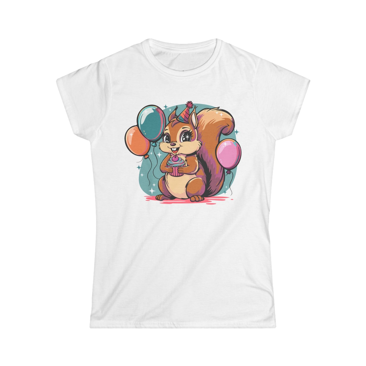 Happy Birthday Party Squirrel Women's T-shirt Squirrels Balloons Cupcake Short Sleeve Tee Celebration Ladies B-day Outfit Top