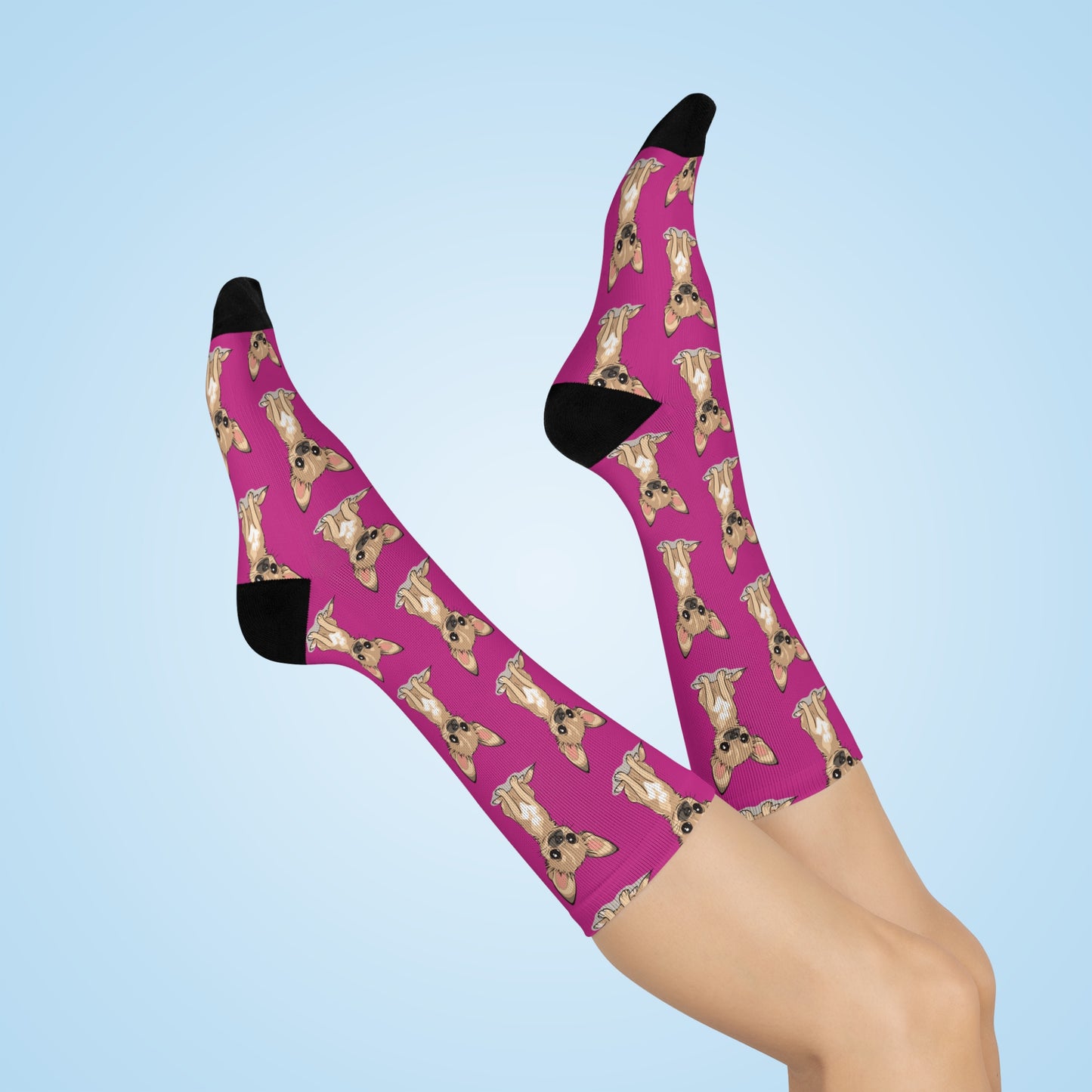 Pink Twila Chihuahua Puppy Dog Pattern Cushioned Crew Socks With Cute Tan Doggy Chihuahuas Dogs Pet Print