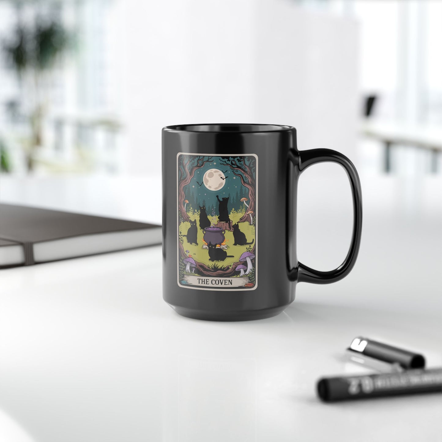Ceramic Mug, The Coven Tarot Card Artwork, Black Cat Coffee Cup, Witchy Cats Drinkware, Halloween Witch Decor, Gothic Cauldron Tea Mugs