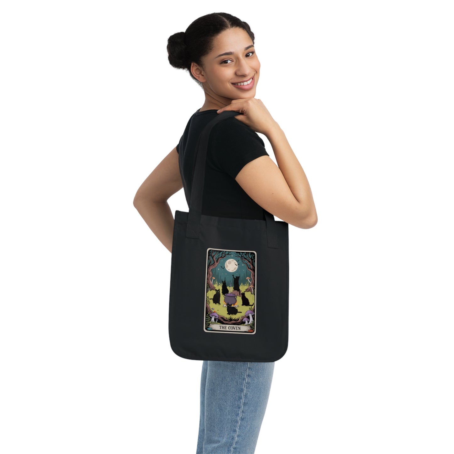 The Coven Black Cat Witches Tarot Card Art Tote Bag | Witchy Full Moon Forest Illustration 100% Cotton Reusable Shopping Bags
