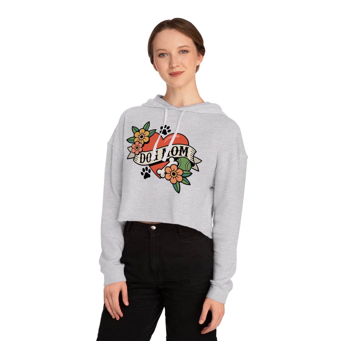 Dog Mom Heart Tattoo Cropped Hoodie, Pullover Sweatshirt Crop Top Long Sleeve, Childless Dog Lady Pet Mama Apparel