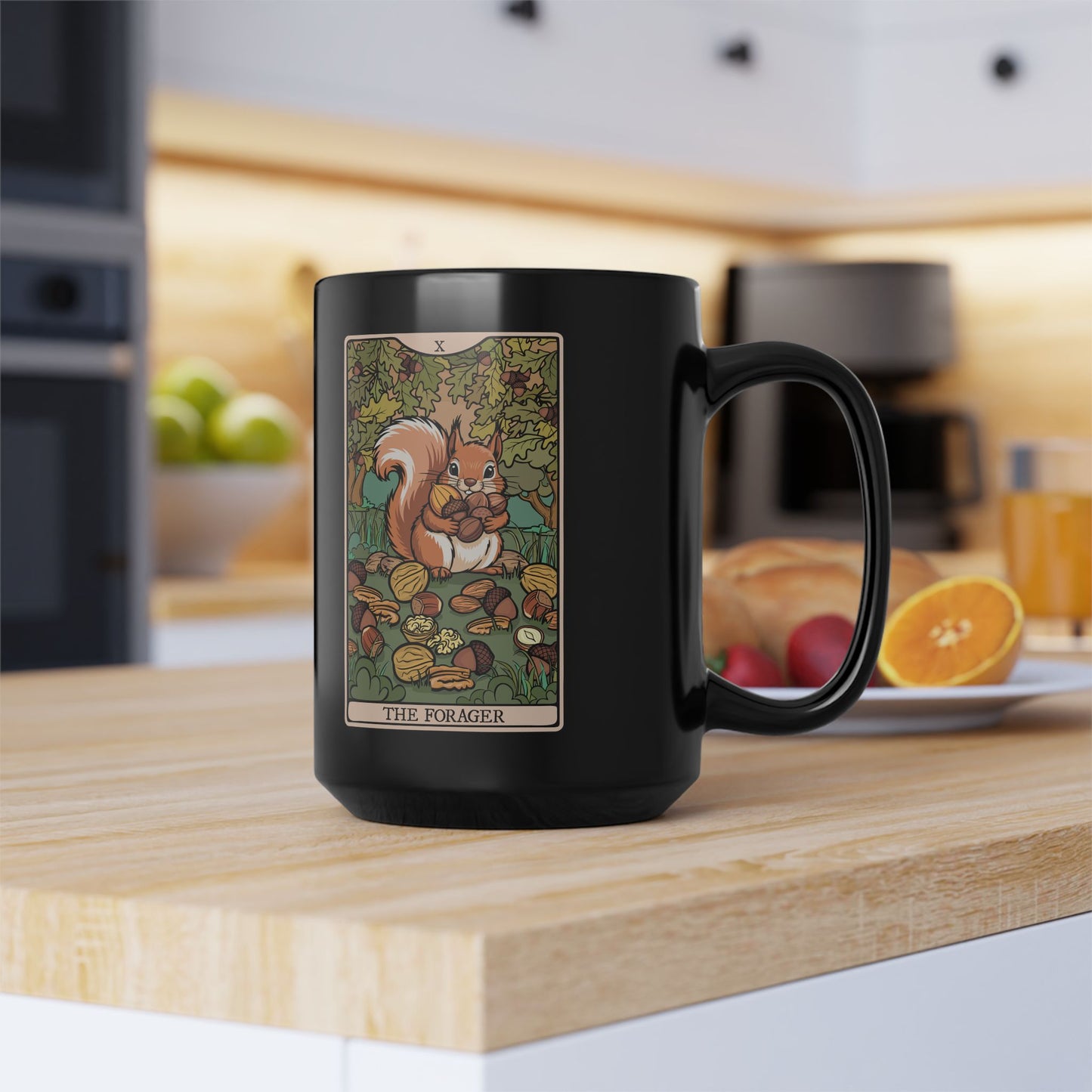 Forager Squirrel Tarot Card Coffee Mug | Black Ceramic Coffee Cup Foraging Squirrels and Nuts Artwork 15 Ounce Mugs