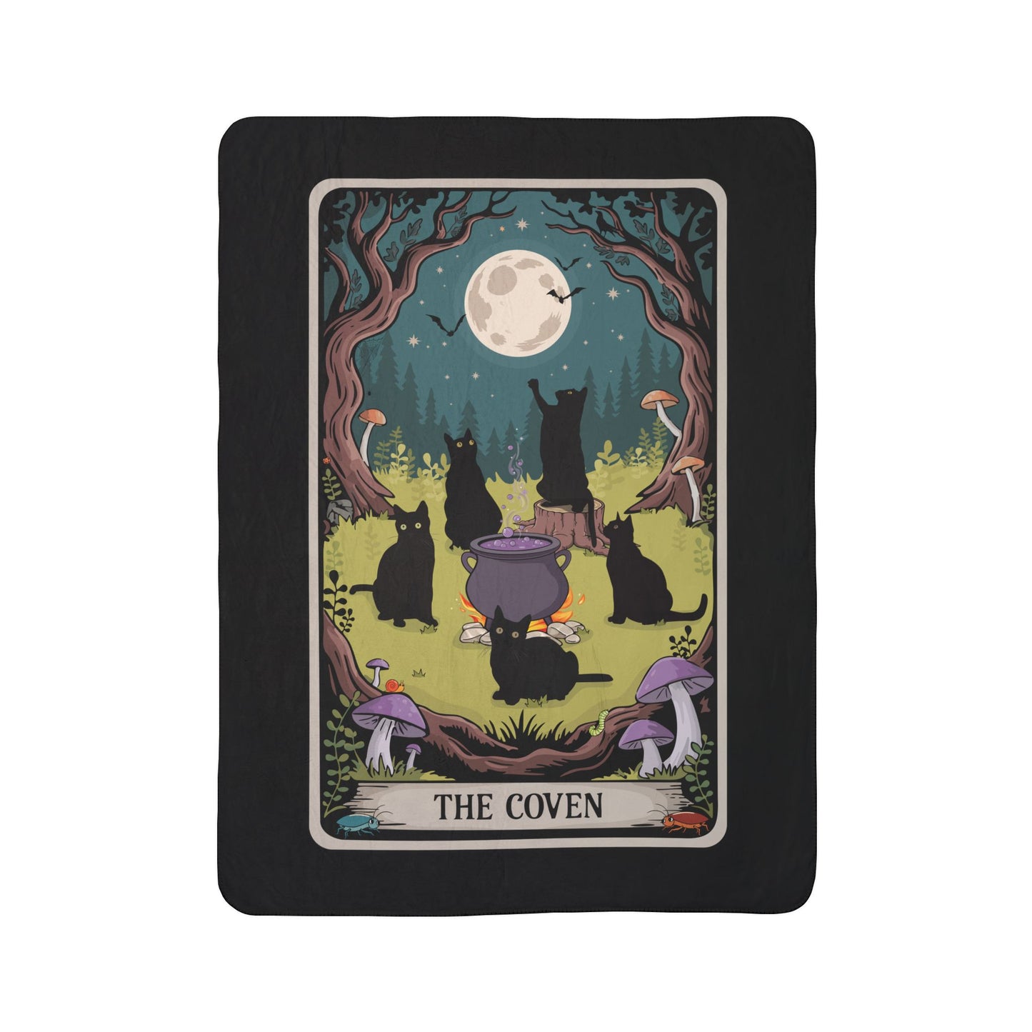 Magical Black Cats Coven Fleece Sherpa Blanket, Cozy Halloween Decor, Tarot Card Witchy Throw Blankets, Bedding Home Decor