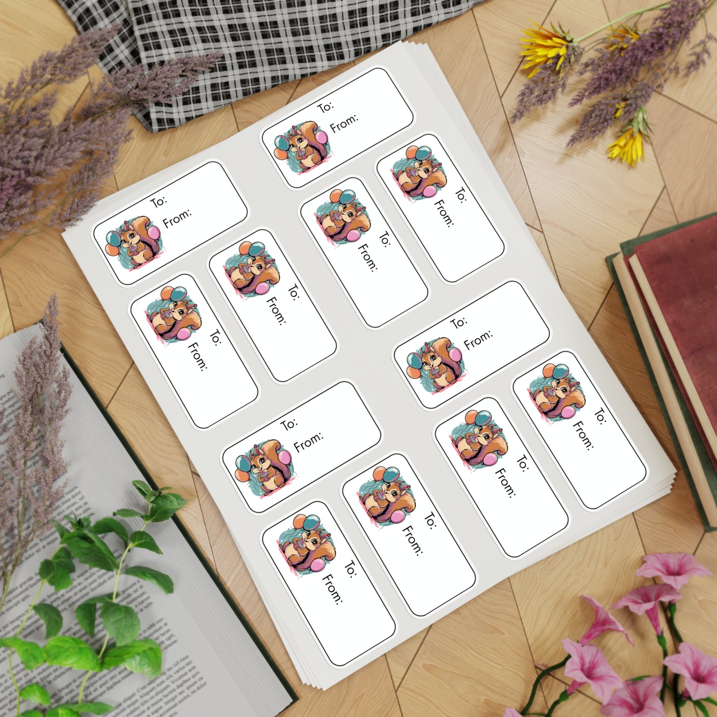 Birthday Squirrel Gift Tag Label Stickers, 60 To/From Tags (5 Sheet of 12 Stickers Ea) Bday Party Celebration Squirrels Balloon Gift Tags