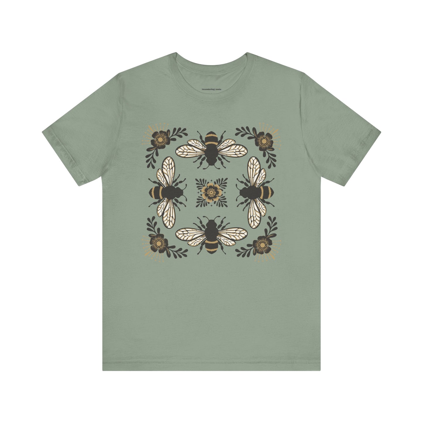 Bees & Flowers Botanical T-Shirt, Nature Lover Tee, Garden Gift for Women, Spring Summer Ladies Top, Tee with Four Bees Floral Graphic