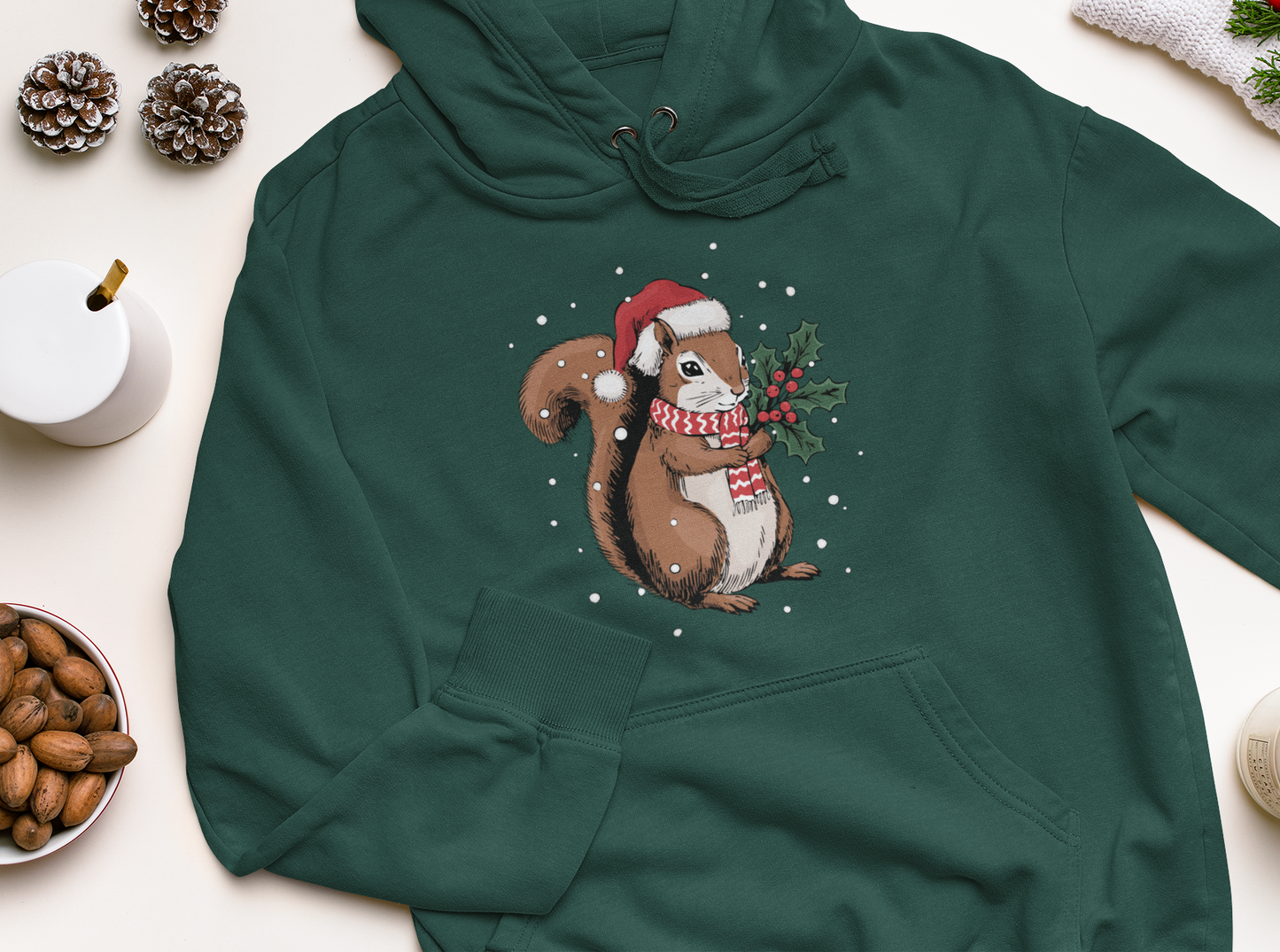 Christmas Squirrel Pullover Hoodie, Festive Holiday Xmas Squirrels In Santa Hat Hooded Sweatshirt, Cute Snowy Winter Unisex Hoodies